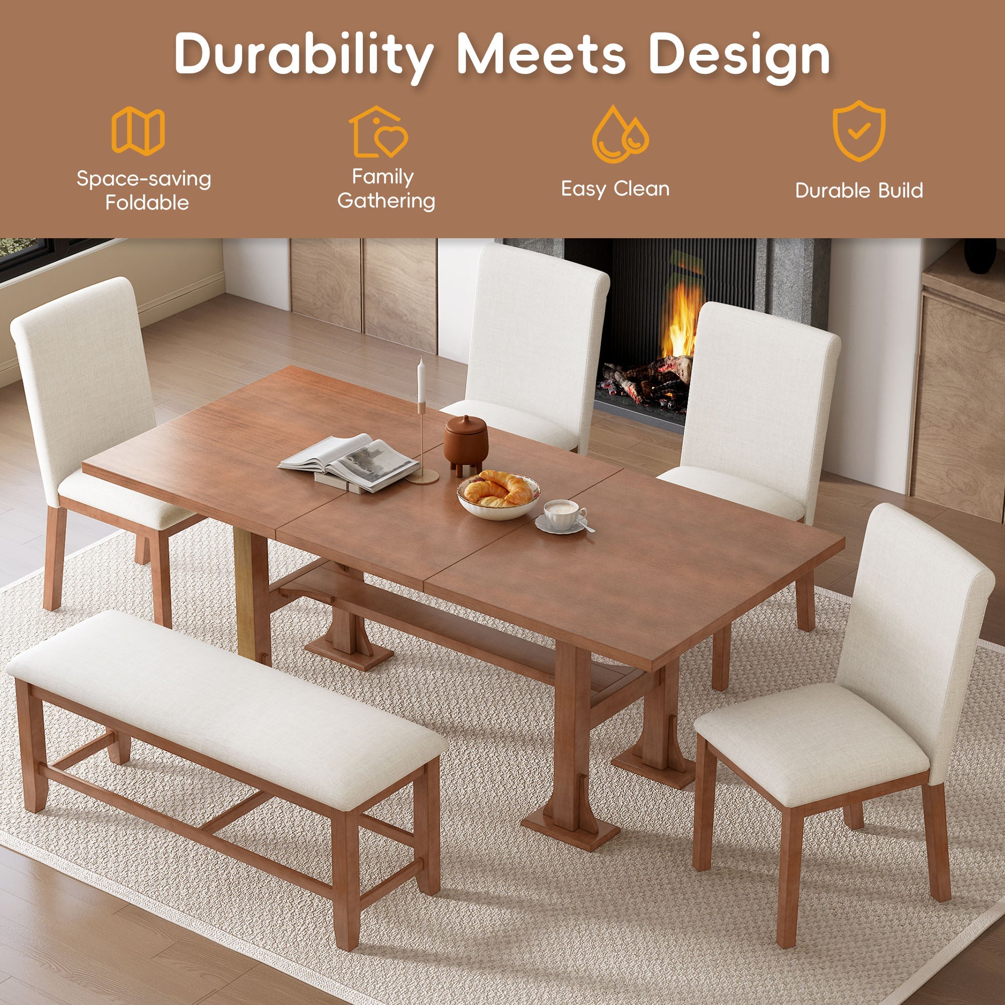 TOPMAX Farmhouse 76inch 6-Piece Extendable Dining Table Set by HouseOfZazla
