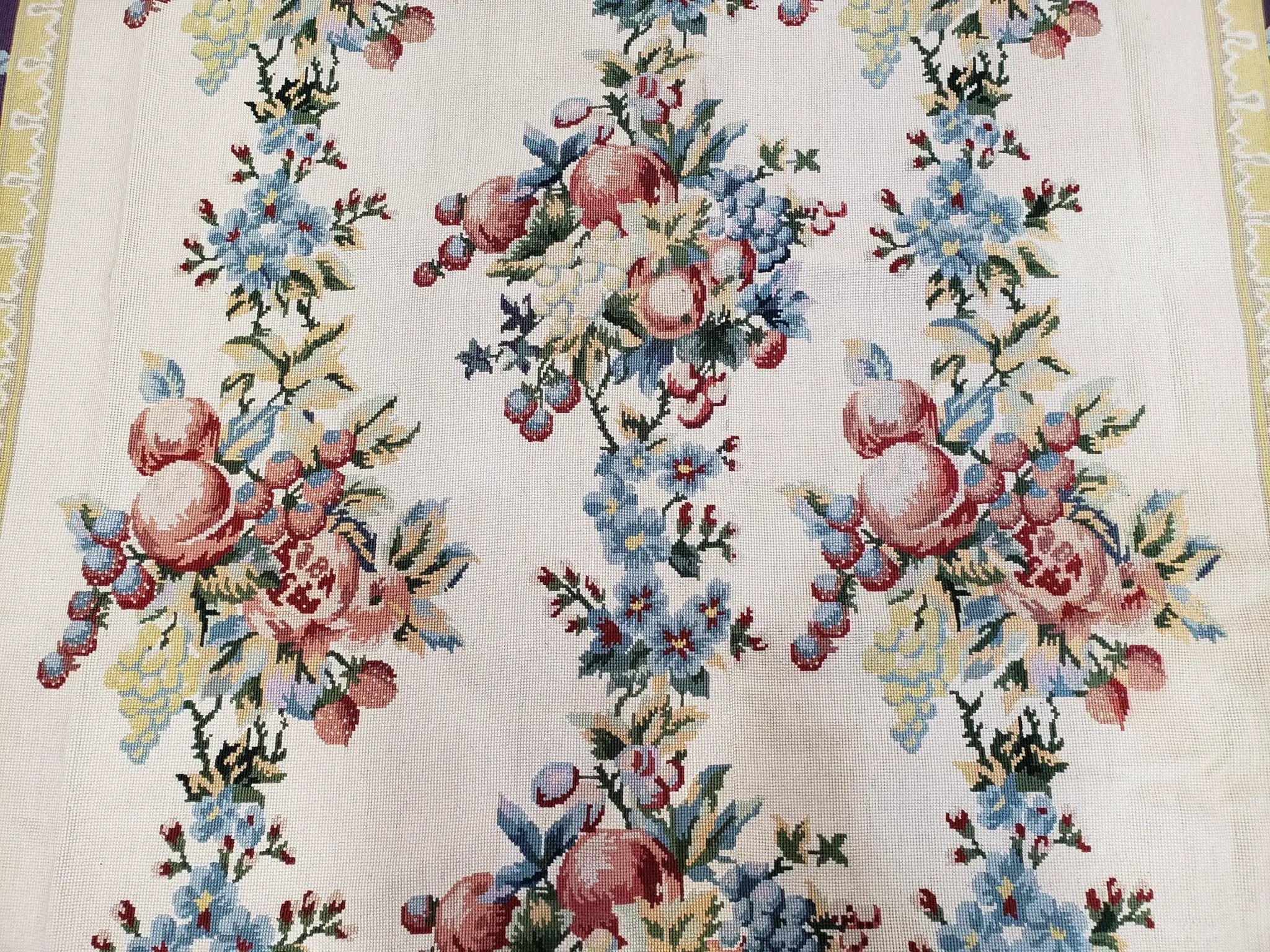 Vintage Chinese Floral Needlepoint Area Rug 6x9, Wool Hand-Woven Handmade Flatweave Rug, Ivory & Purple, Fruits Grapes Apples, Dining Room by Jewel Rugs