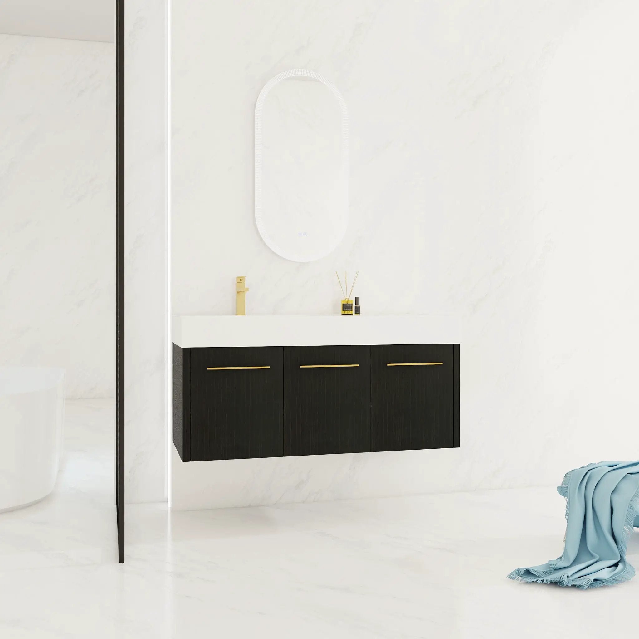 Contemporary 48" Wall Mounted Bathroom Vanity With Resin Sink And Soft Closing Doors And Line - Black Chestnut by Unique Piece Furniture