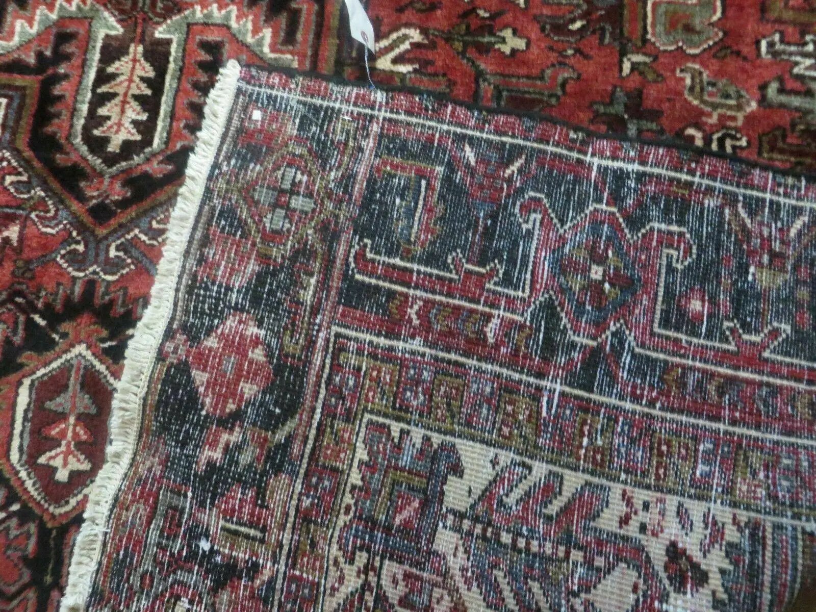 Persian Heriz Rug 8x12 Semi Antique Heriz Carpet, Room Sized Persian Carpet, Geometric Medallion, Wool, Hand Knotted, Red Ivory Dark Blue by Jewel Rugs