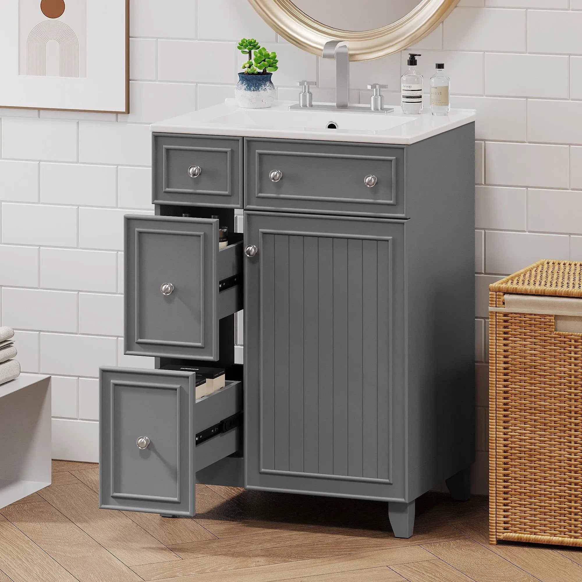 Transitional Style Bathroom Vanity Cabinet With Ceramic Sink by Unique Piece Furniture