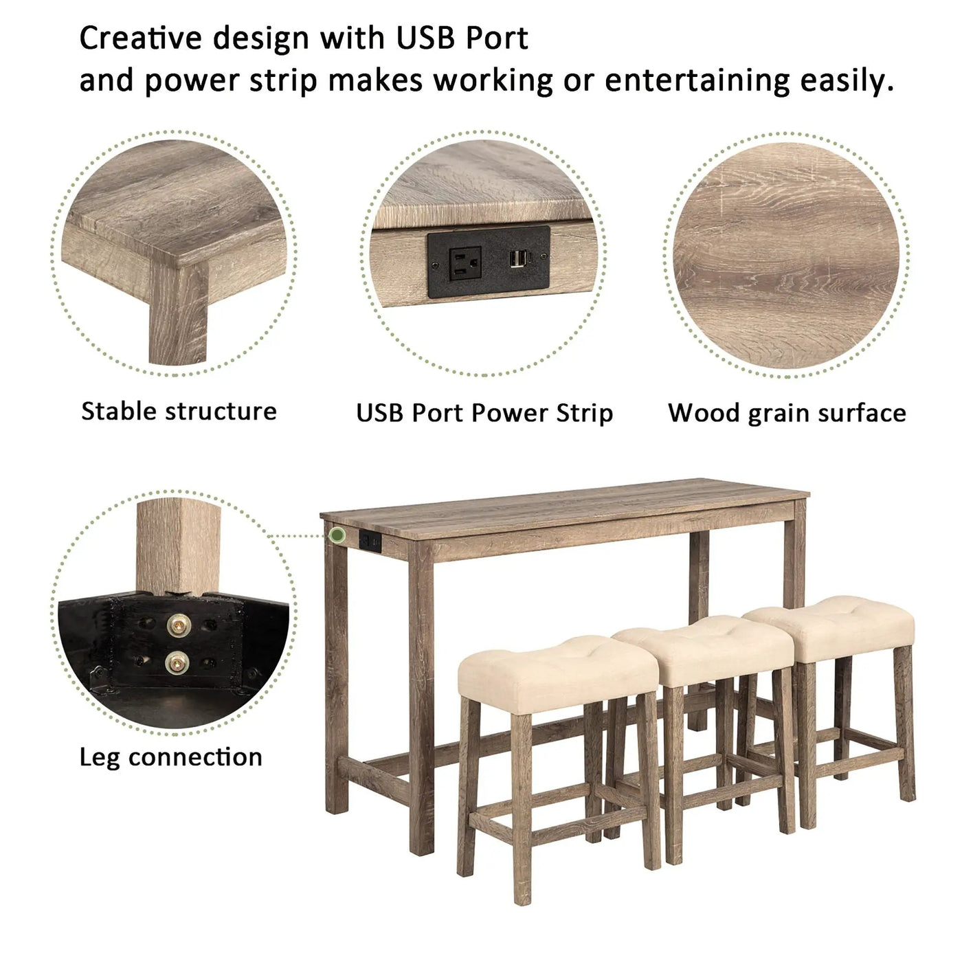 4 Piece Bar Table Set With Power Outlet, 3 Padded Stools by Unique Piece Furniture