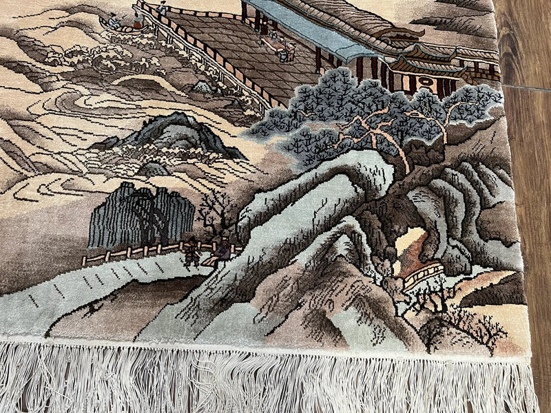 Silk Chinese Wall Hanging Rug 3x6 ft Tapestry, Pagoda Scene, Pictorial, High Quality Fine Hand Knotted Vintage, Asian Oriental Handmade Nice by Jewel Rugs