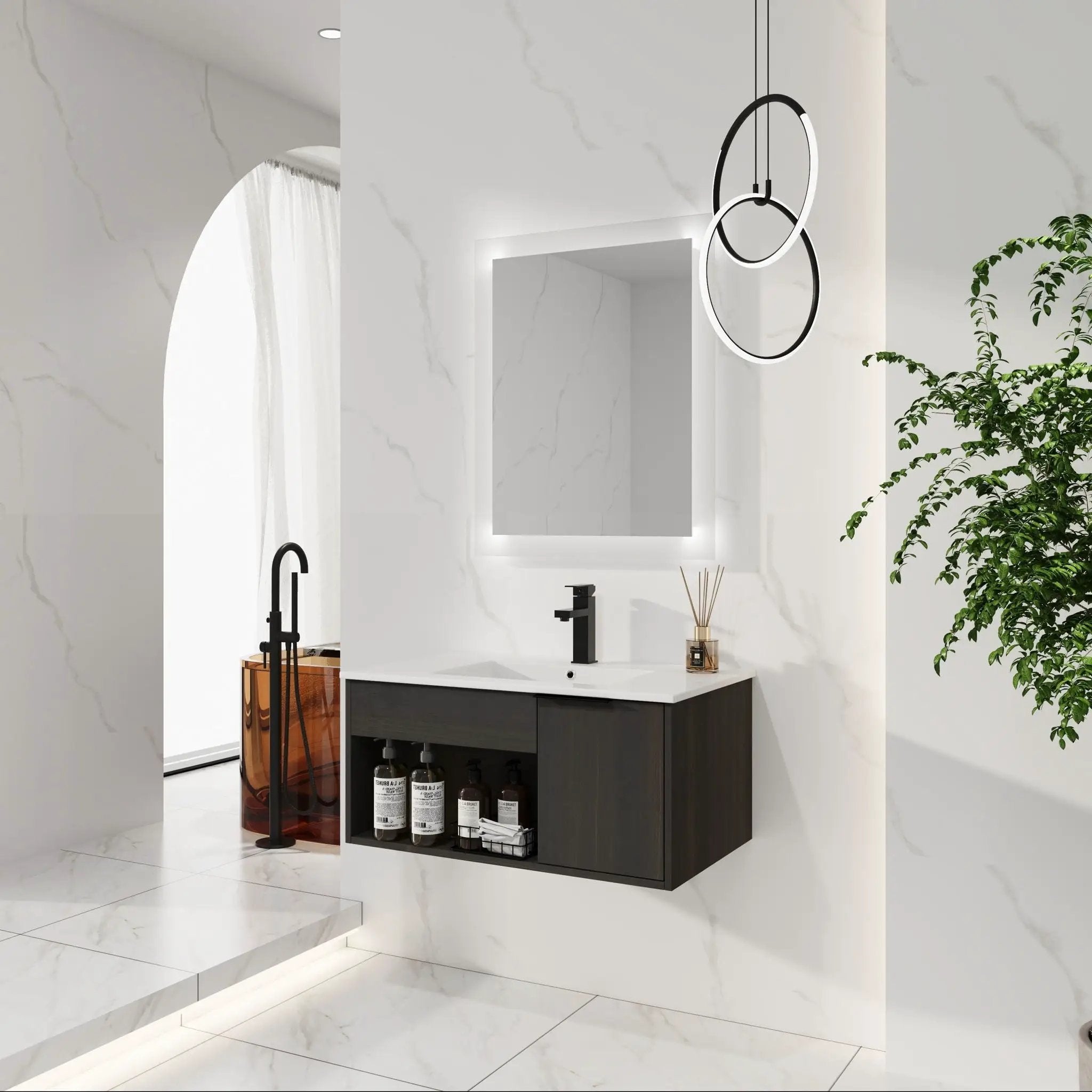 Wall Mounted Floating Bathroom Vanity With Open Shelf & Soft Close Door by Unique Piece Furniture