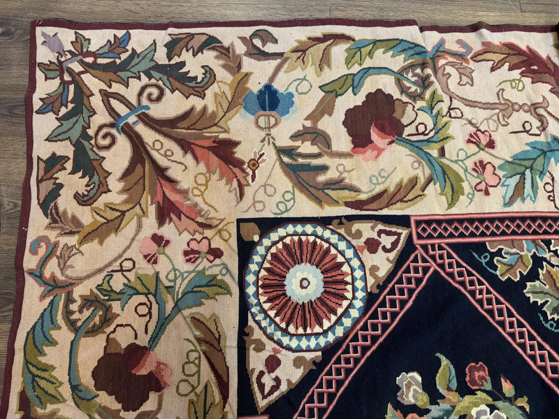 Palace Size Needlepoint Rug 12x20, European French English Aubusson Floral Design, Black and Beige by Jewel Rugs