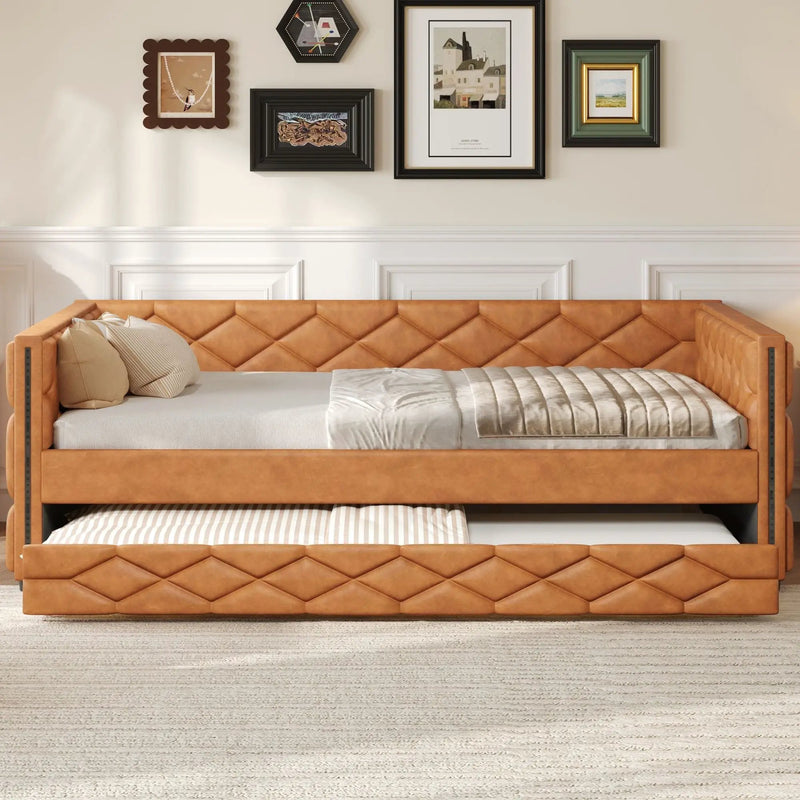 Upholstered Full Long Daybed With Trundle And LED Armrests - Brown by Unique Piece Furniture