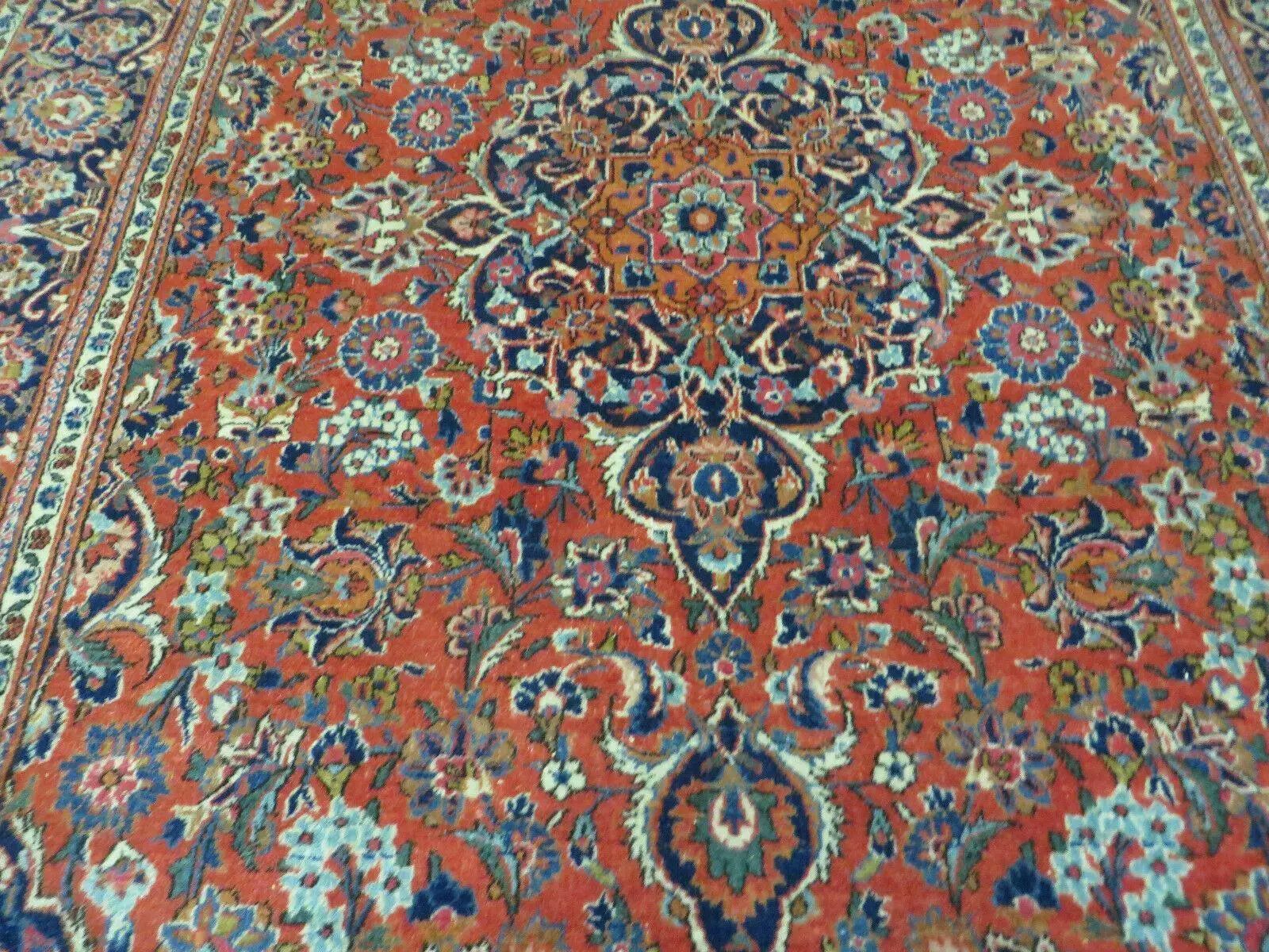 Persian Kashan Rug 4x7, Red and Navy Blue Semi Antique Vintage Wool Oriental Carpet, Hand Knotted Rug, Floral Medallion, High Quality Fine Carpet by Jewel Rugs
