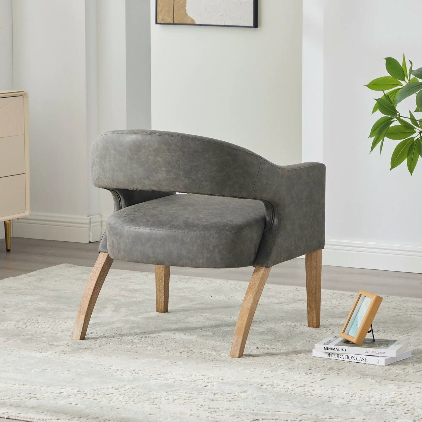 Upholstered Open Back Armchair With Weathered Rubberwood Legs by Unique Piece Furniture