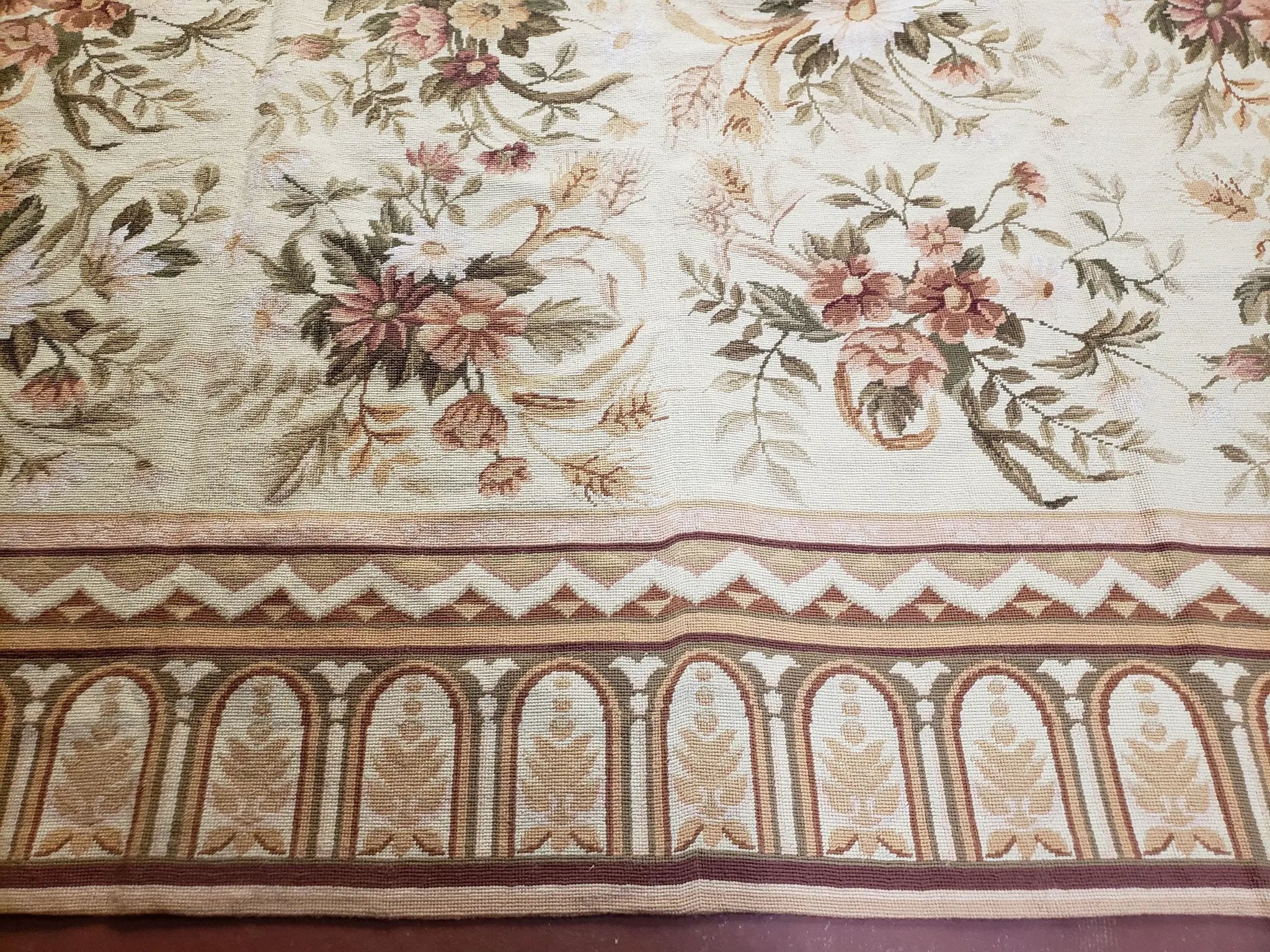 Needlepoint Rug 8x10 Aubusson Rug Victorian Floral Rug Handmade French Style French Decor Garden Panel Beige 8 x 10 Area Rug 100% Wool by Jewel Rugs