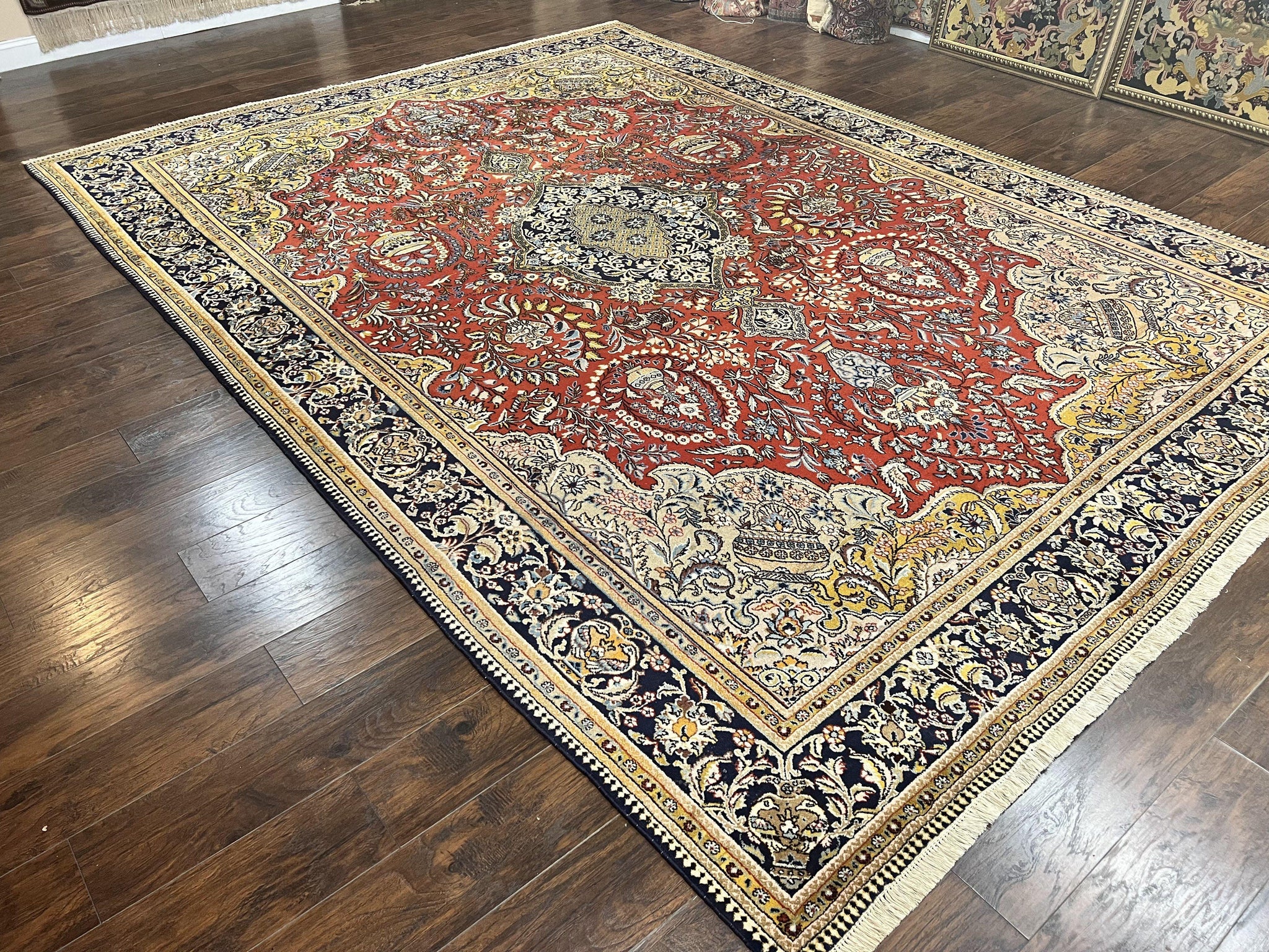 Wonderful Persian Qum Rug 10x14, Wool w/ Silk Highlights, Hand Knotted Semi Antique Vintage Carpet, Red, Floral, Fine Weave, Birds Deer Pictorials by Jewel Rugs