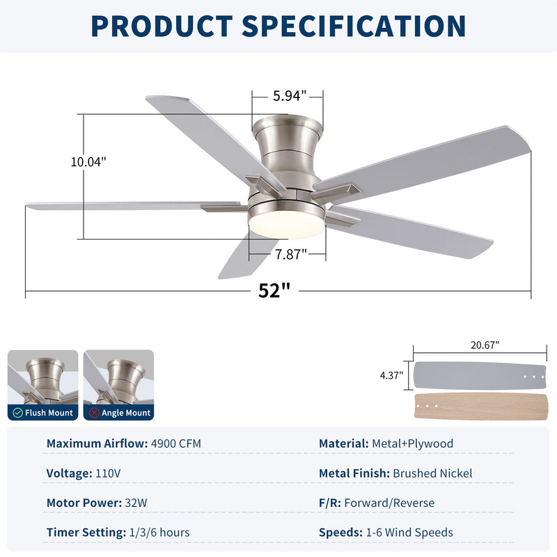 Mordern Flush Mount Ceiling Fan With Light And Remote Control by HouseOfZazla