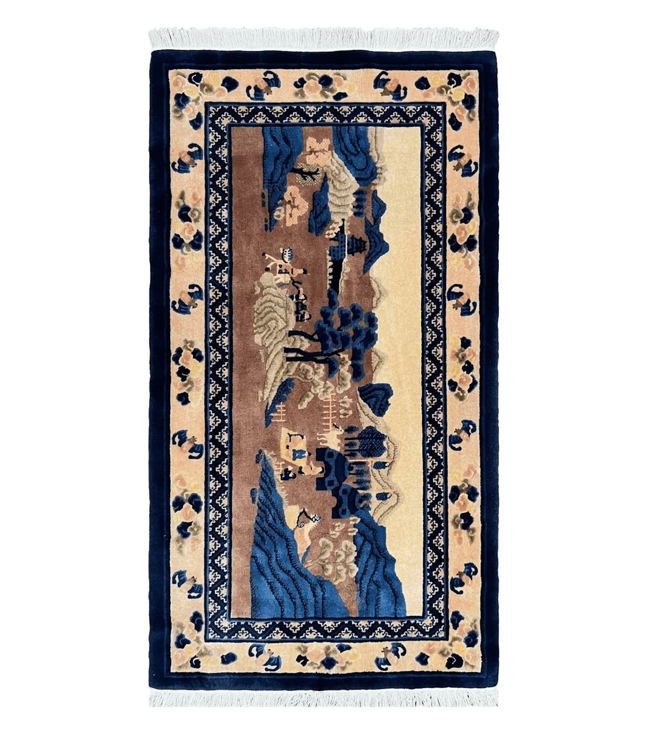 Antique Chinese Pictorial Rug 2.7 x 5, Chinese Village and Hills Carpet, Beige and Dark Blue, Handmade, Horizontal Rug Wall Hanging Tapestry by Jewel Rugs
