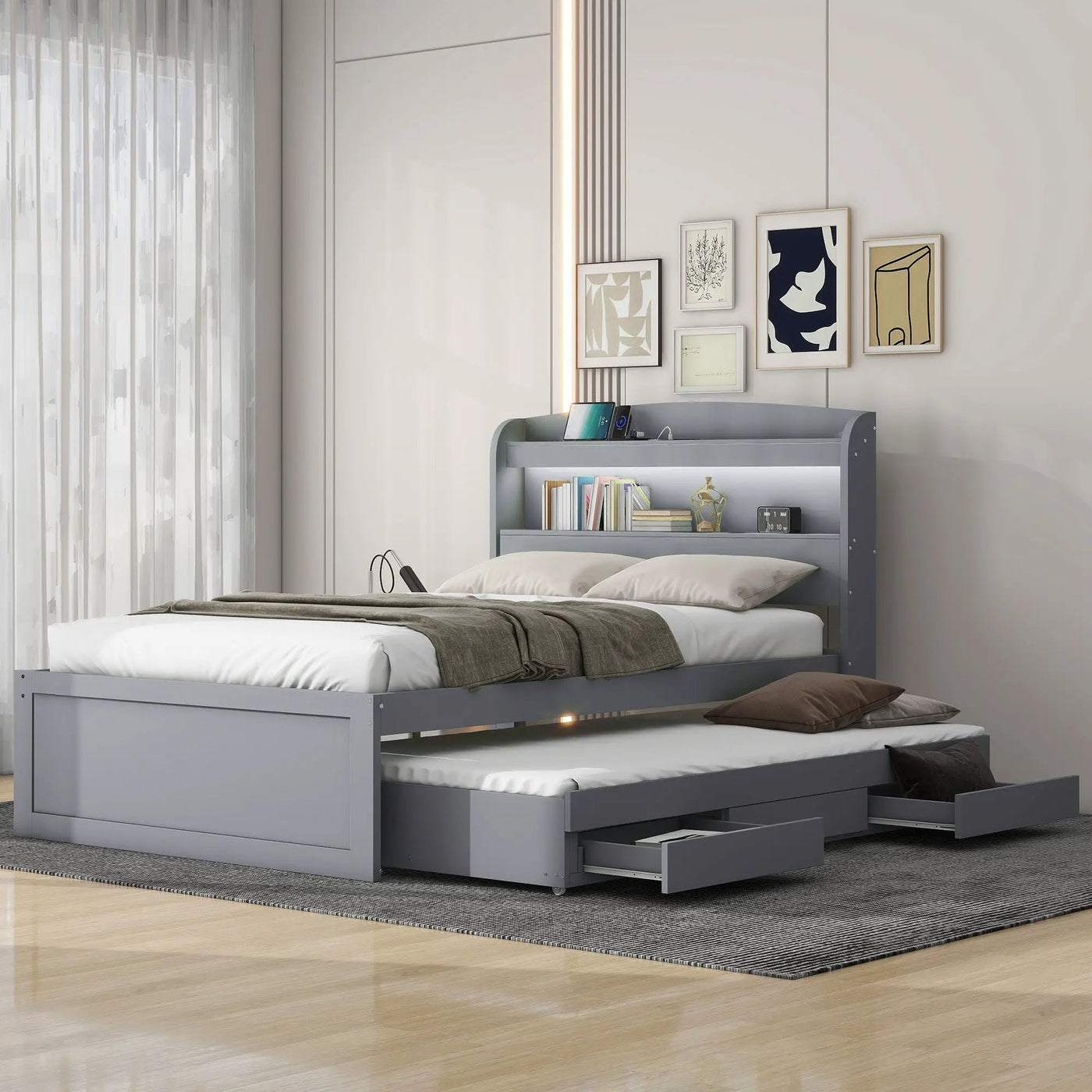 Platform Bed With LED Headboard, Charging Station, Trundle And 2 Drawers by Unique Piece Furniture