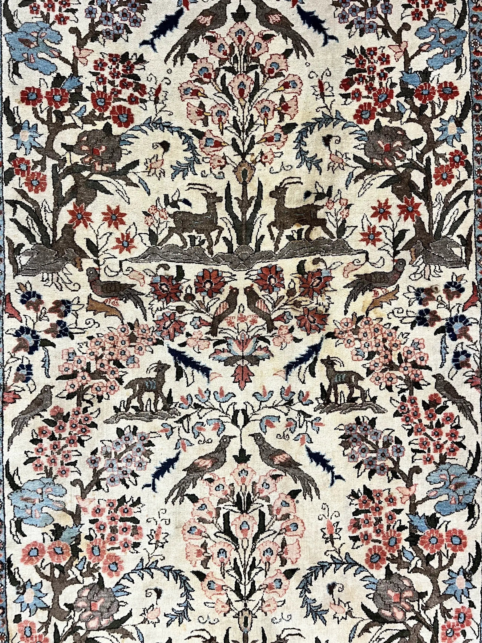 Persian Tree of Life 5x7, Qum Rug, Animal Motifs, Deer Birds, Fine 225 KPSI, Semi Antique Wool Rug, Cream Red by Jewel Rugs