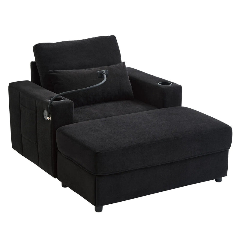 Modern Style Armchair Chaise Lounge Sofa Couch With Movable Storage Ottoman, USB Ports, Cup Holders, Phone Holder, Side Pockets by Unique Piece Furniture