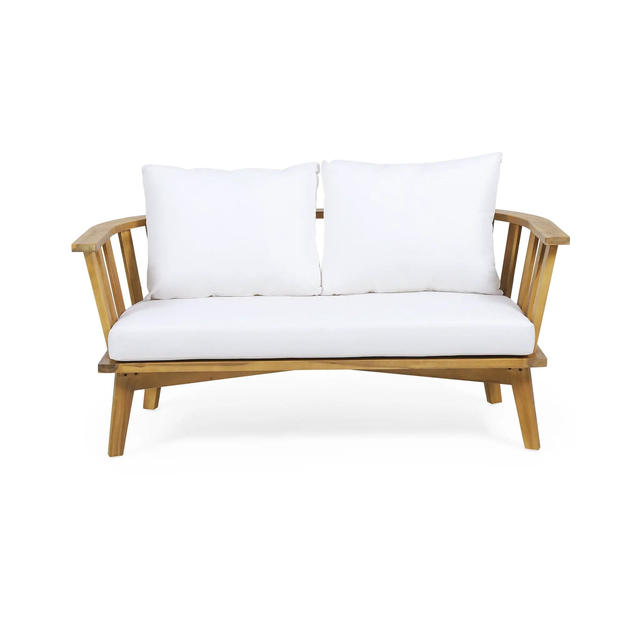 Outdoor Wooden Loveseat with Cushions - White/Teak by HouseOfZazla