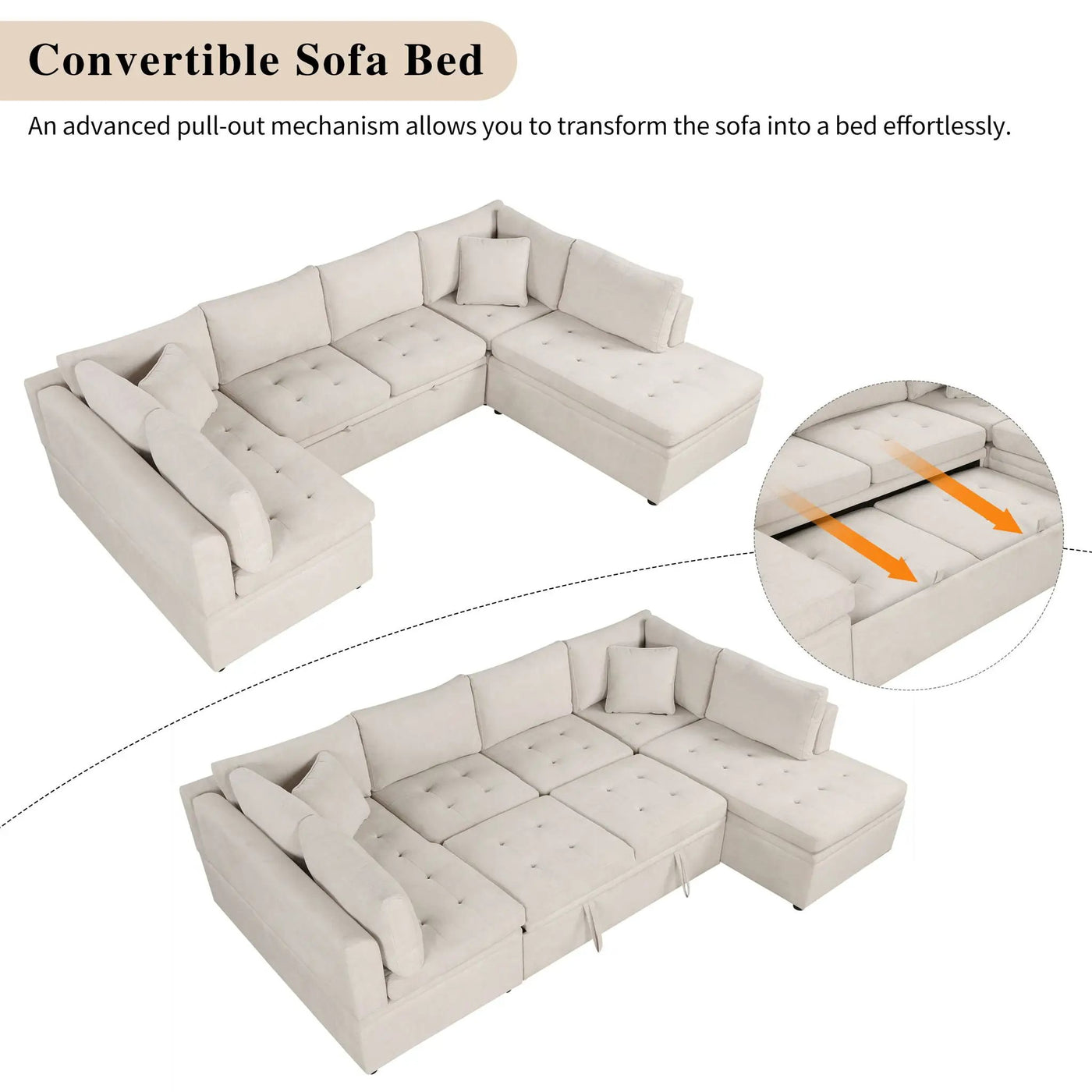 Oversized Sectional Sofa U-Shaped Sofa Couch Pull-Out Sofa Bed With Two Throw Pillows For Living Room by Unique Piece Furniture