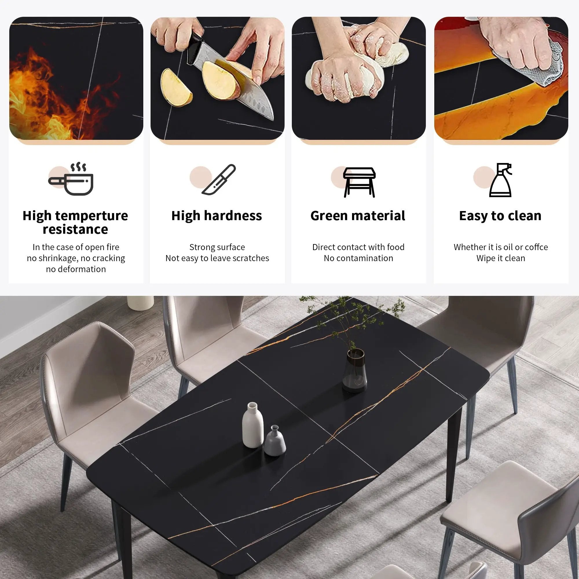 63" Artificial Stone Black Curved Black Metal Leg Dining Table, 6 People - Black by HouseOfZazla