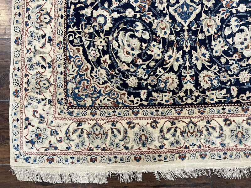 Very Fine Persian Nain Rug 3.7 x 6, Floral Medallion, Wool and Silk Accents, Highly Detailed, Hand Knotted Oriental Carpet, Navy Blue Ivory/Cream by Jewel Rugs