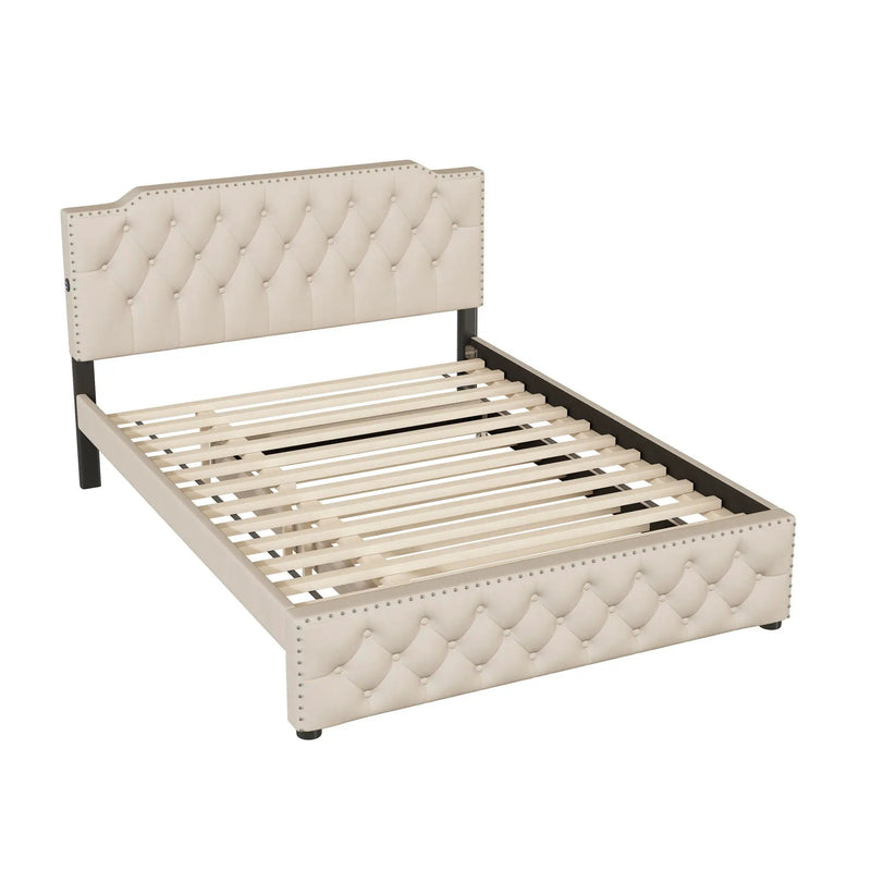 Upholstered Platform Bed With Trundle And 2 Sets Of USB Ports On Each Side, Fabric by HouseOfZazla