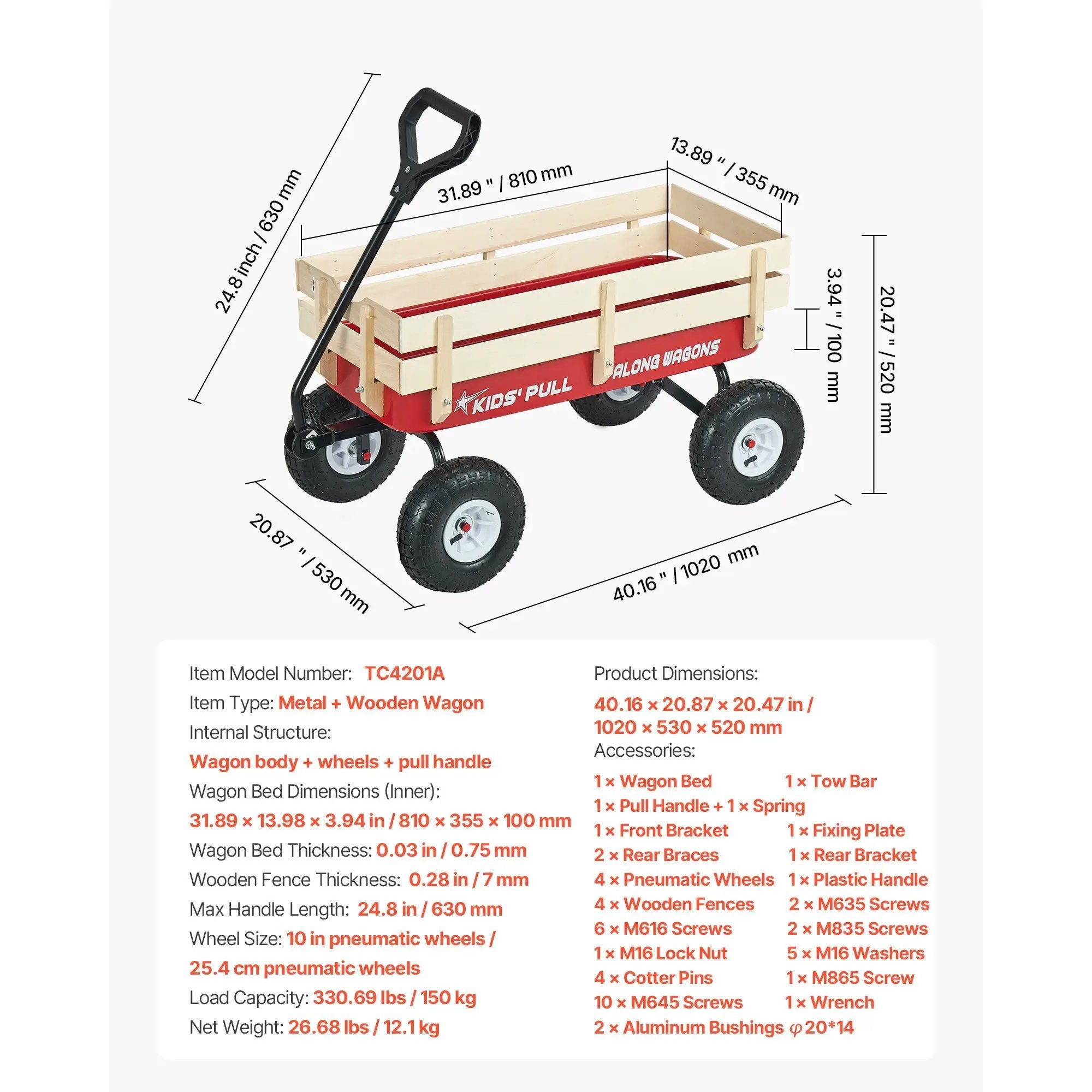 Pull-Along Wagon for Kids, 39 Inch Toddler Wagon with Wooden Panels & Handle by HouseOfZazla