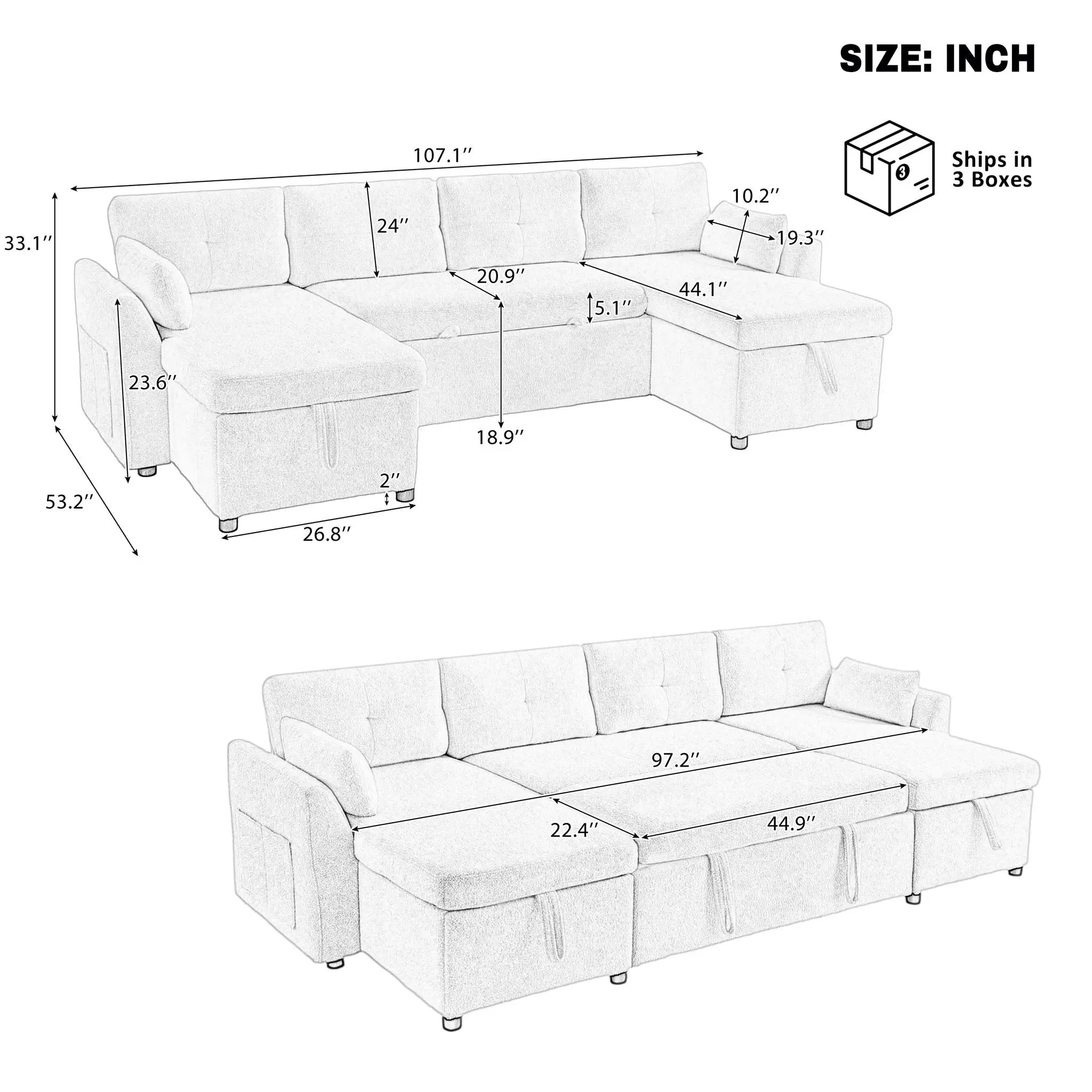 U-Shaped Sectional Sofa Bed With Storage And USB Ports by Unique Piece Furniture