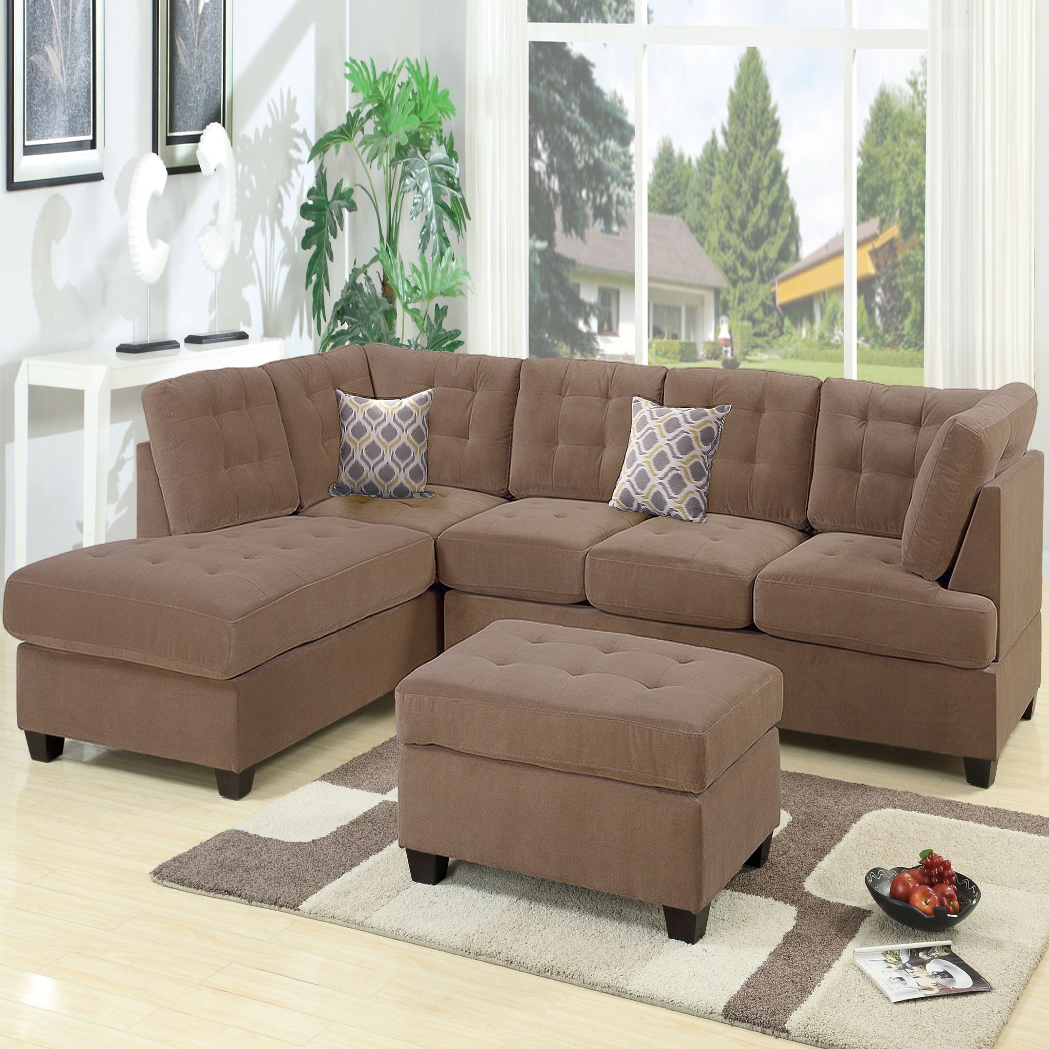 Truffle Waffle Suede Sectional Sofa With Tufted Cushions And Accent Pillows, Reversible Chaise - Neutral by HouseOfZazla