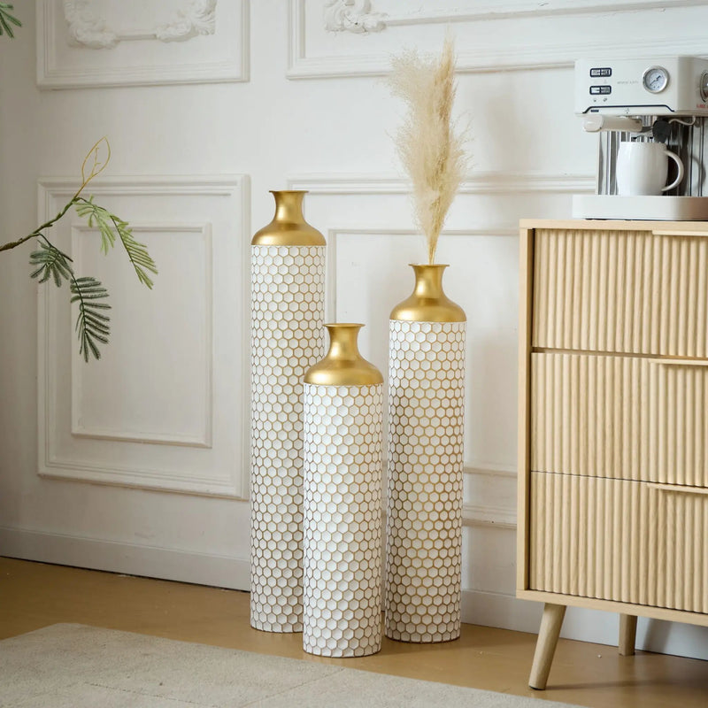 3 Piece Set Gorgeous Home Decoration Large Glazed Floor Vase Decoration Home Droplet Shaped - Gold / White by Unique Piece Furniture