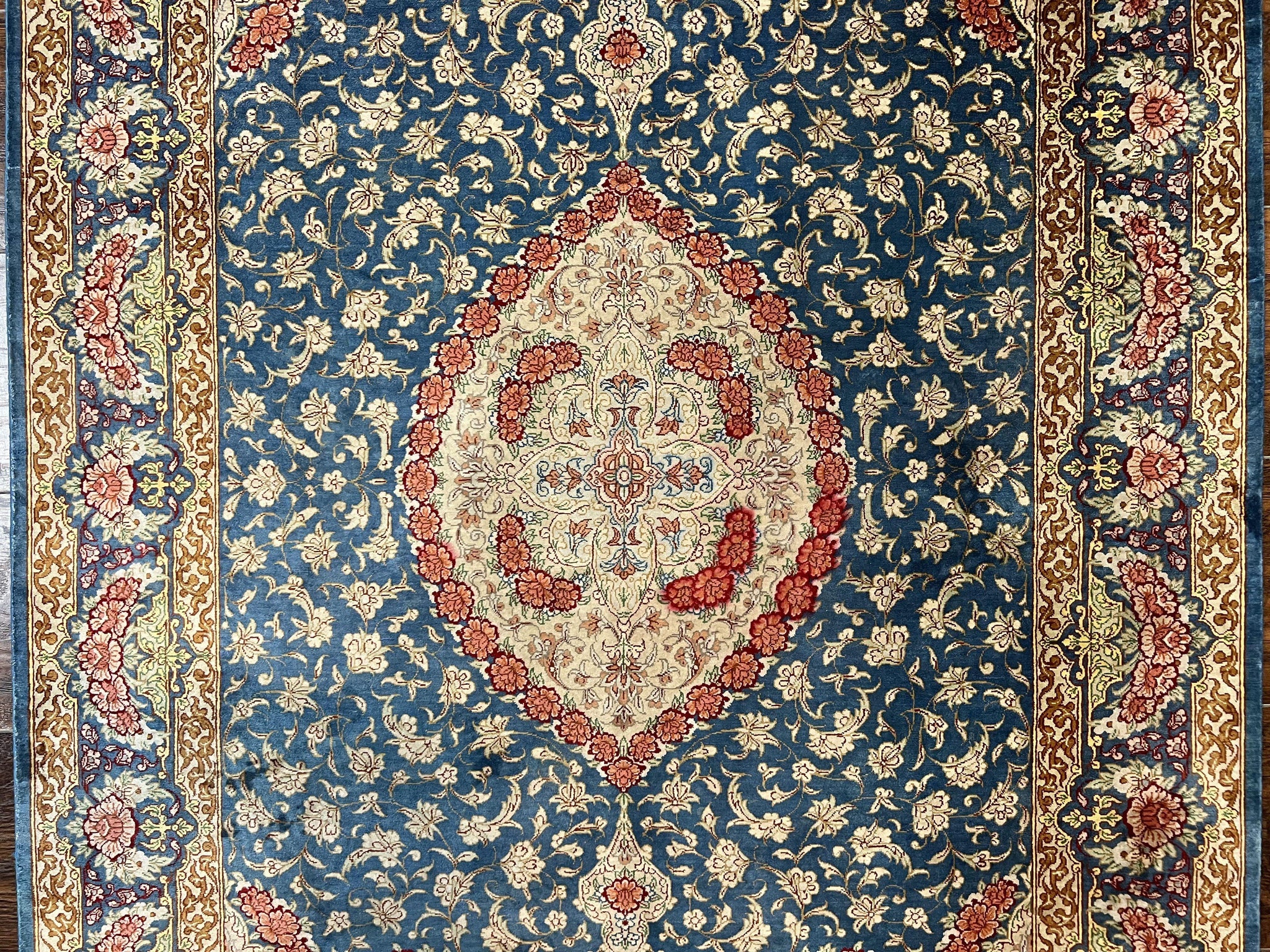 Magnificent Persian Qum Silk Rug 3x5, Blue, Super Fine 675 KPSI - 70 Raj, Floral Roses, Handmade Vintage Silk Carpet, Masterpiece by Jewel Rugs