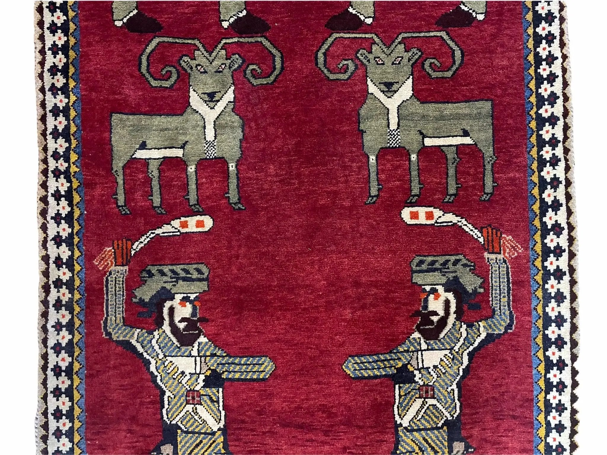 3 X 6 Handmade Wool Rug Tribal Balouch Warriors Deer Animal Pictorial Red Swords by Jewel Rugs