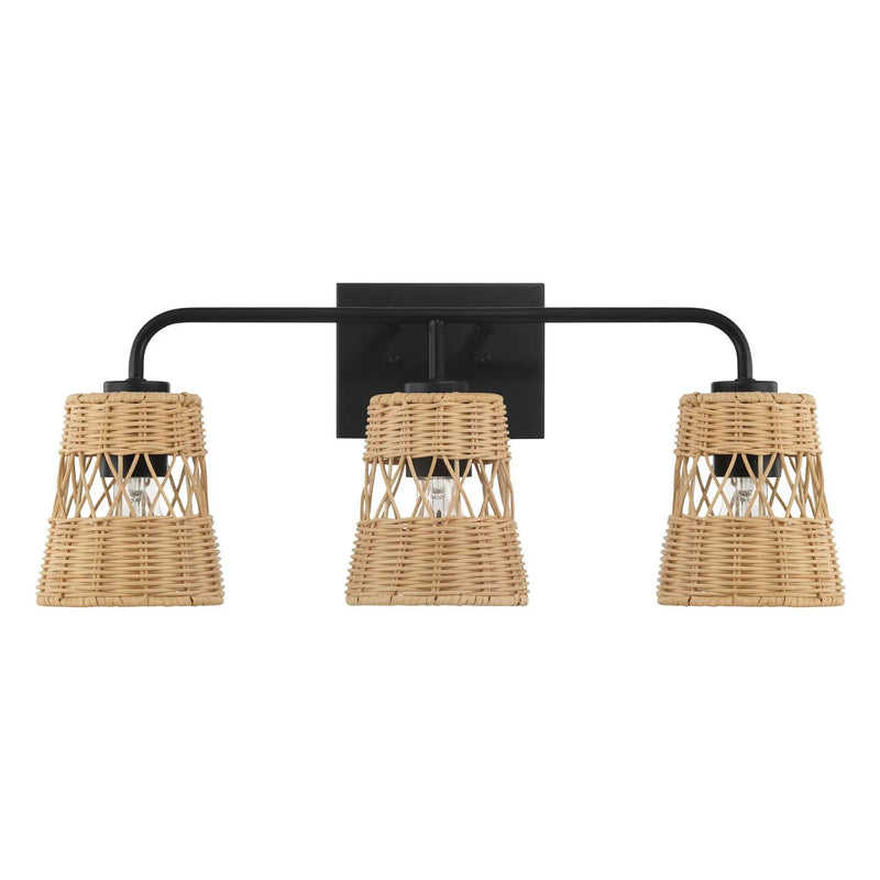 Moonlit - 3 Lights Wall Sconce With Shade, Bathroom Lighting Fixtures Over Mirror - Black / Rattan by HouseOfZazla