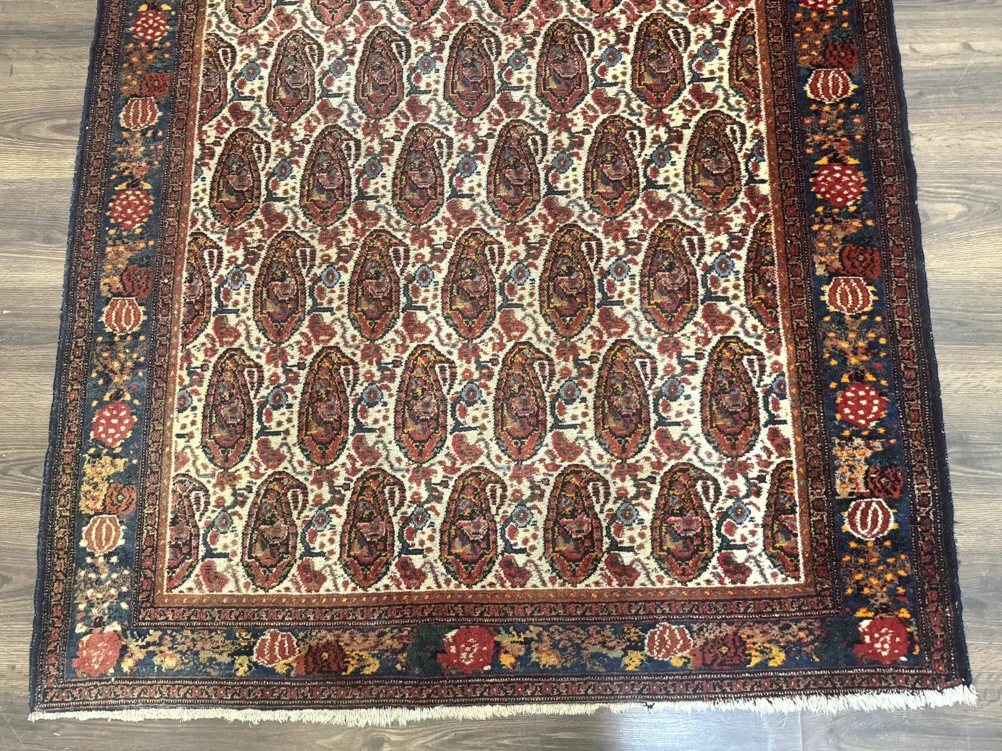 Antique Persian Kurdish Senneh Rug 4.6 x 6.5, Repeated Paisely Boteh Design, Handmade by Jewel Rugs