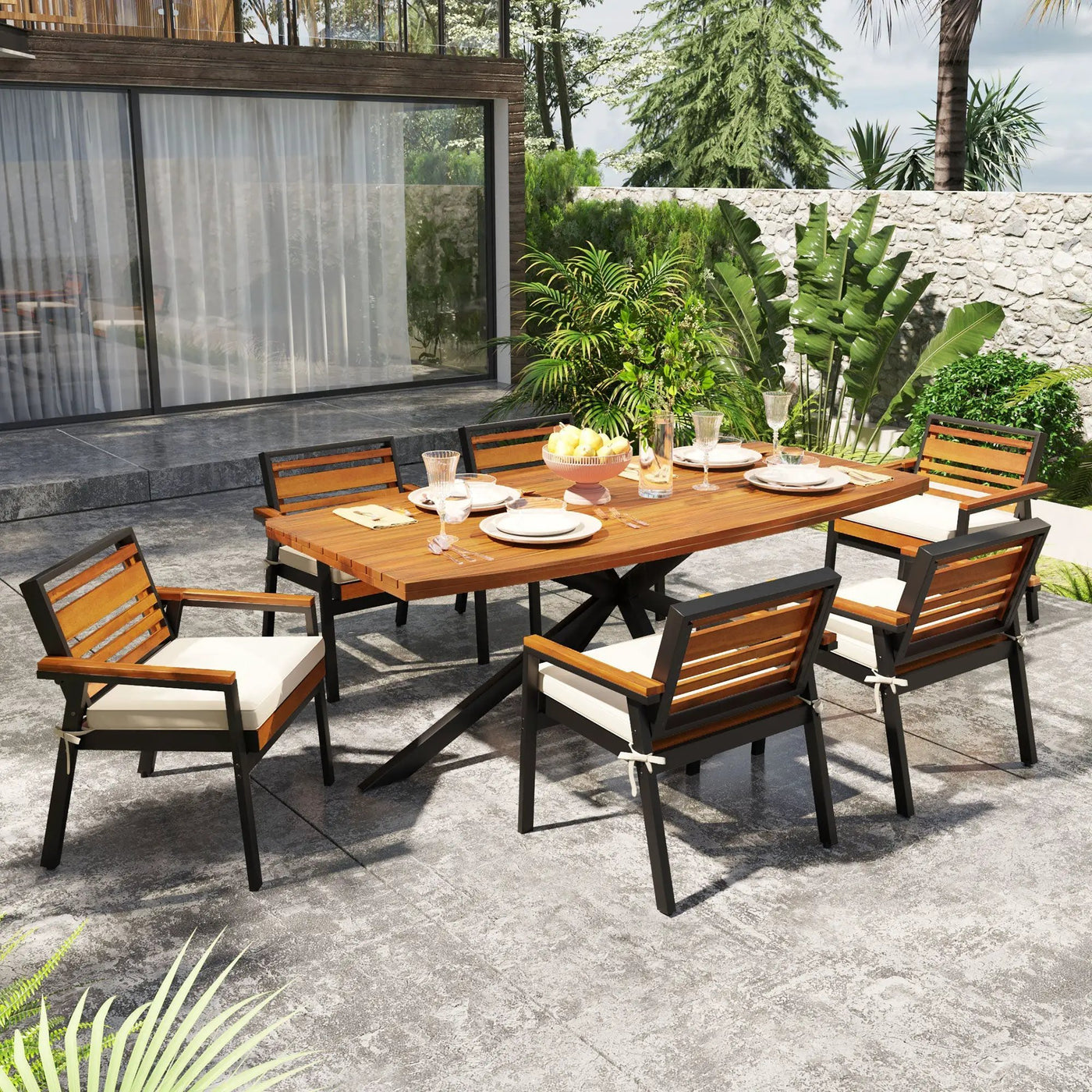 Modern 7-Piece Dining Set with Acacia Wood and Iron Frame by HouseOfZazla