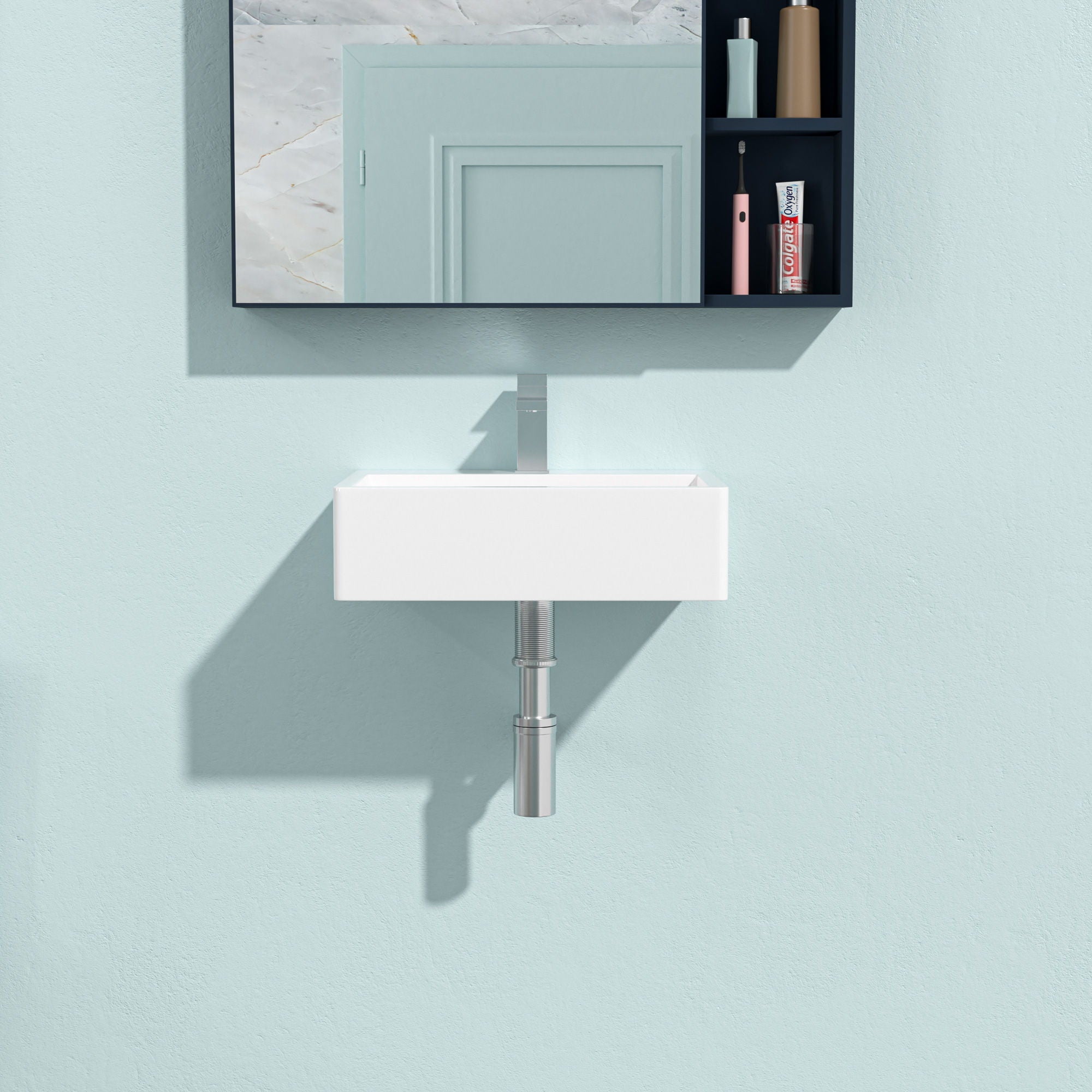 Modern Ceramic Rectangular Wall Mounted Bathroom Sink With Faucet Hole & Overflow by HouseOfZazla