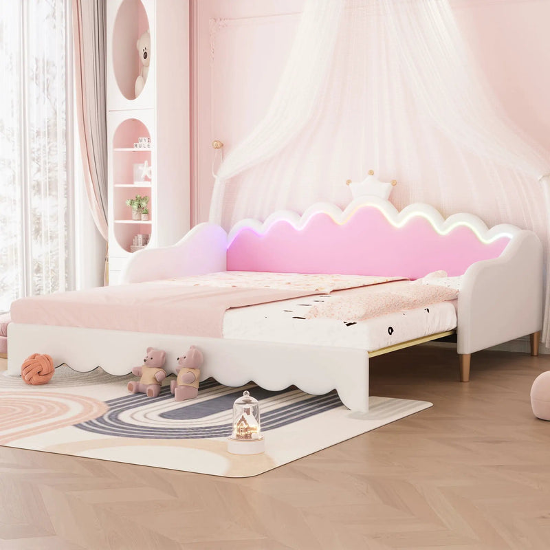 Extending Daybed With LED Lights, Modern Upholstered Princess Daybed With Crown Headboard by HouseOfZazla