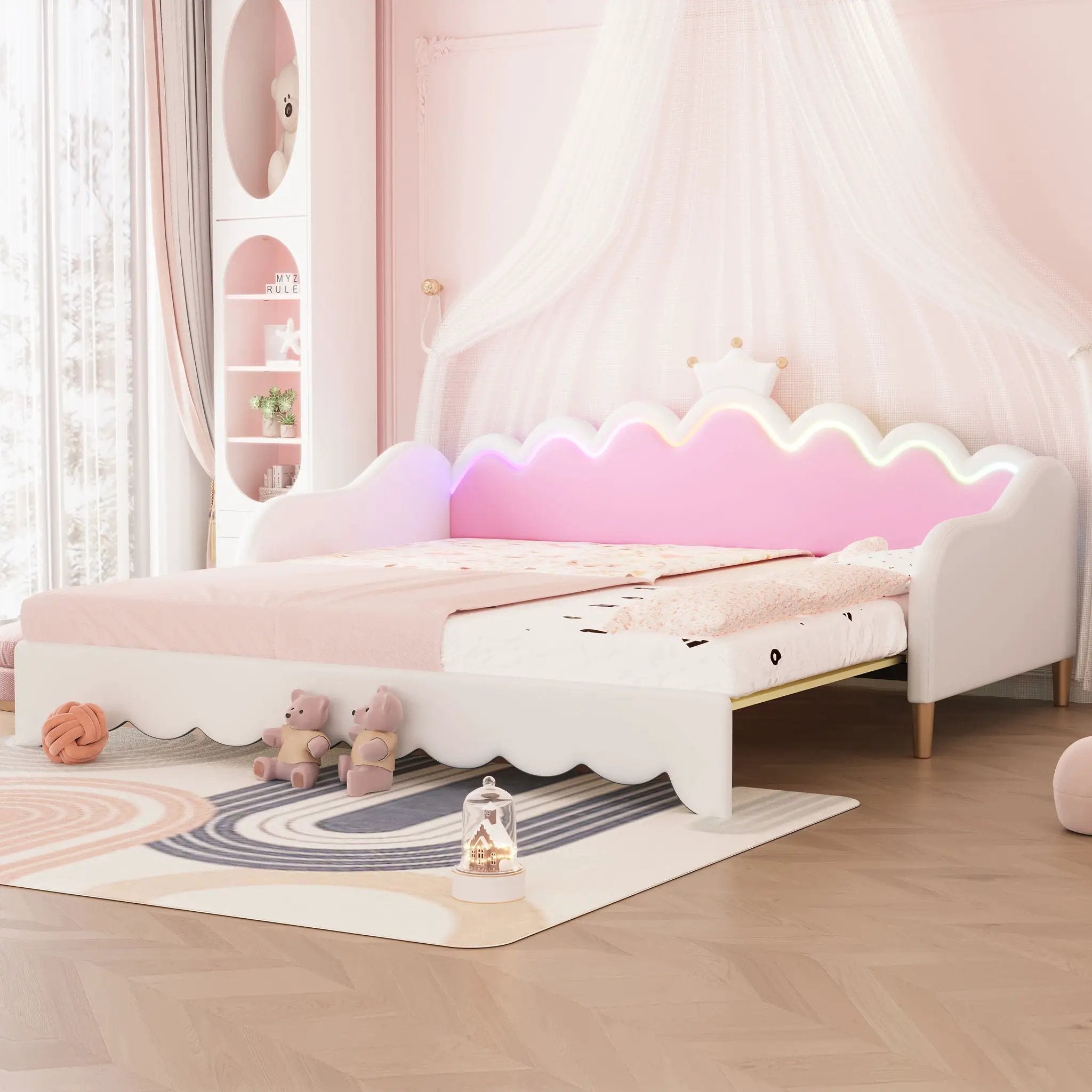 Extending Daybed With LED Lights, Modern Upholstered Princess Daybed With Crown Headboard by Unique Piece Furniture