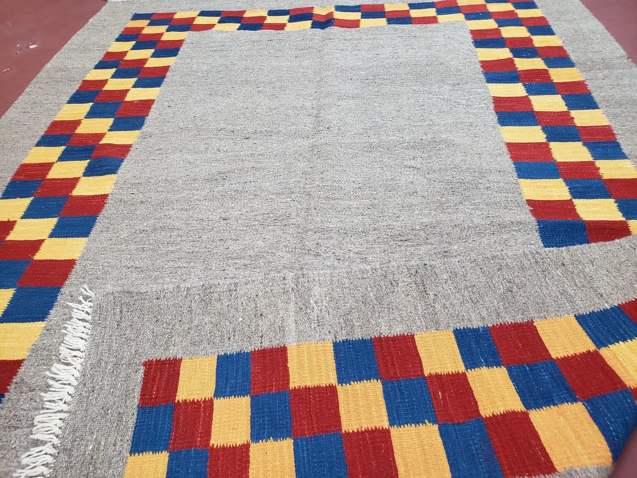 New Turkish Kilim Area Rug, Gray Carpet With Colorful Checker Border, 5'6" x 8", Flatweave Carpet, Playroom Rug, Kids Room Rug, Hand-Knotted by Jewel Rugs
