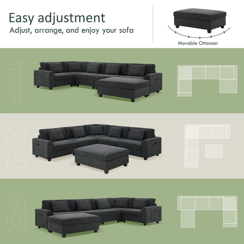 U Shaped Sectional Sofa 6 Seat Couch Set With Oversized Ottoman, Hidden Armrest Storage And Cup Holders USB Charging Ports Wide Seat Sofa by HouseOfZazla