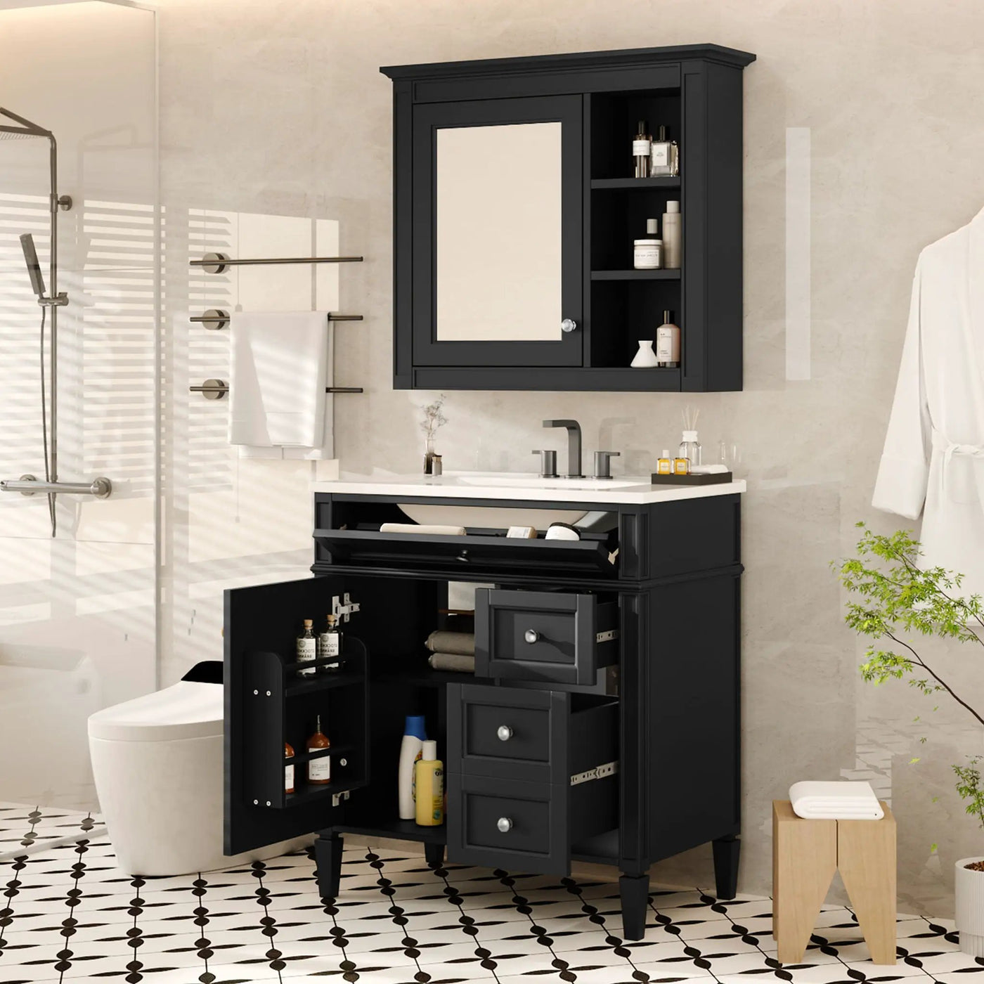 Bathroom Vanity With Top Sink, 2 Doors And 3 Drawers, Freestanding Set With Mirror Cabinet by Unique Piece Furniture