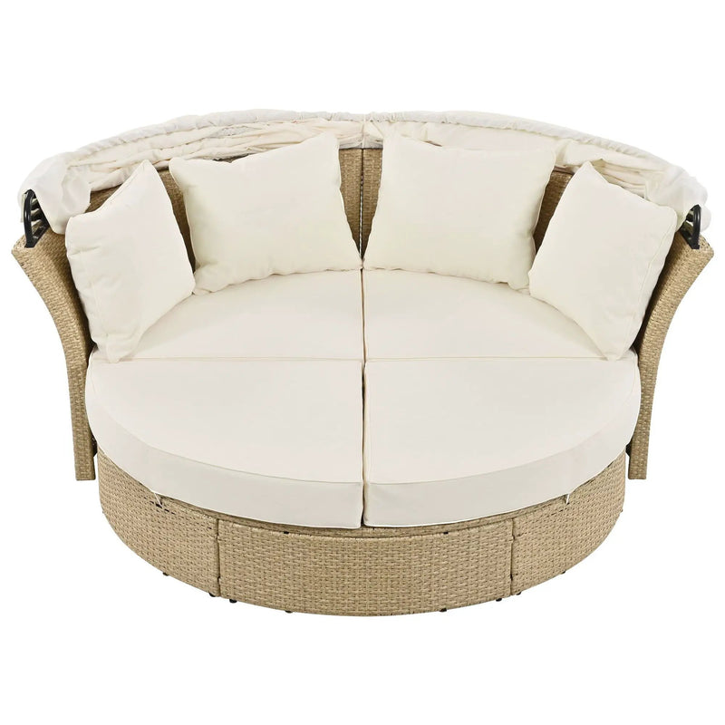 Outdoor Patio Daybed Wicker Rattan Double Daybed Round Sofa Furniture Set With Retractable Canopy, 4 Pillows For Lawn Garden by HouseOfZazla