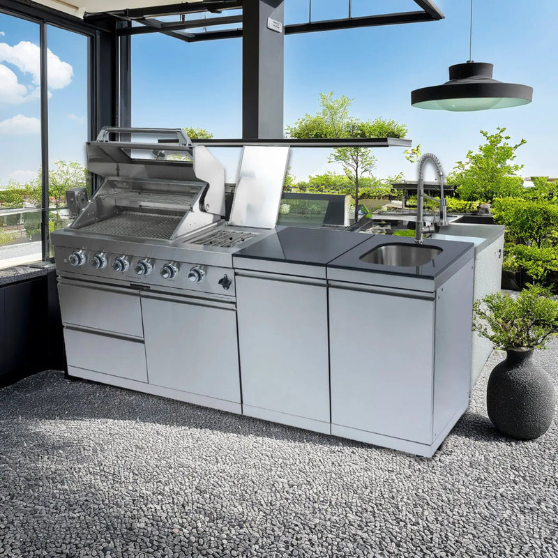 NG 85" 4-Burner 72,000 BTU Silver Outdoor Kitchen Island Grill + Side B & Storage Cabinets & Sink by Chery Industrial