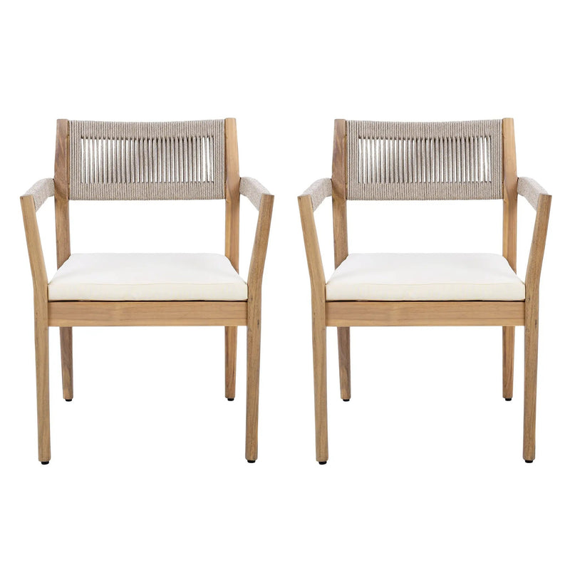 Braided Acacia Wood Outdoor Dining Chairs Set of 2 – Teak Look with Beige Rope & Cream Cushions by HouseOfZazla