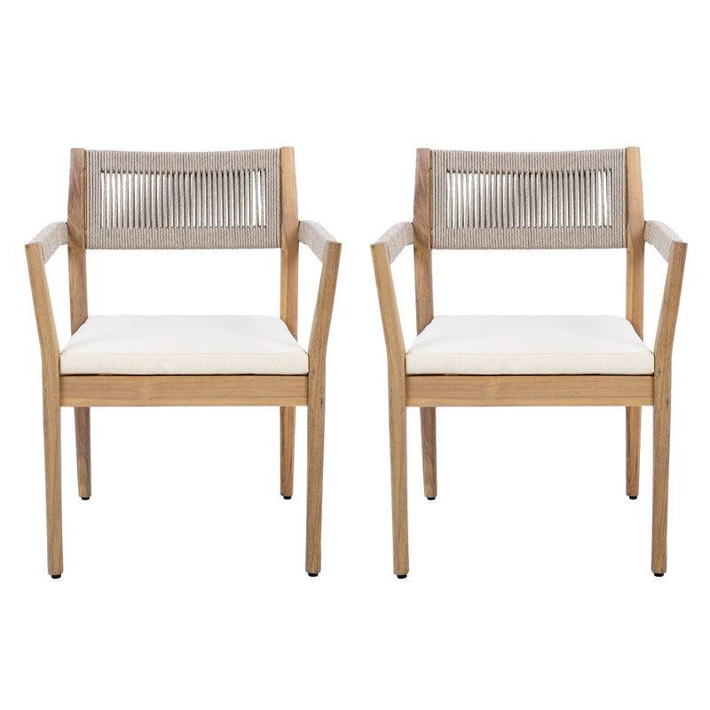 Braided Acacia Wood Outdoor Dining Chairs Set of 4 – Teak Look with Beige Rope & Cream Cushions by HouseOfZazla
