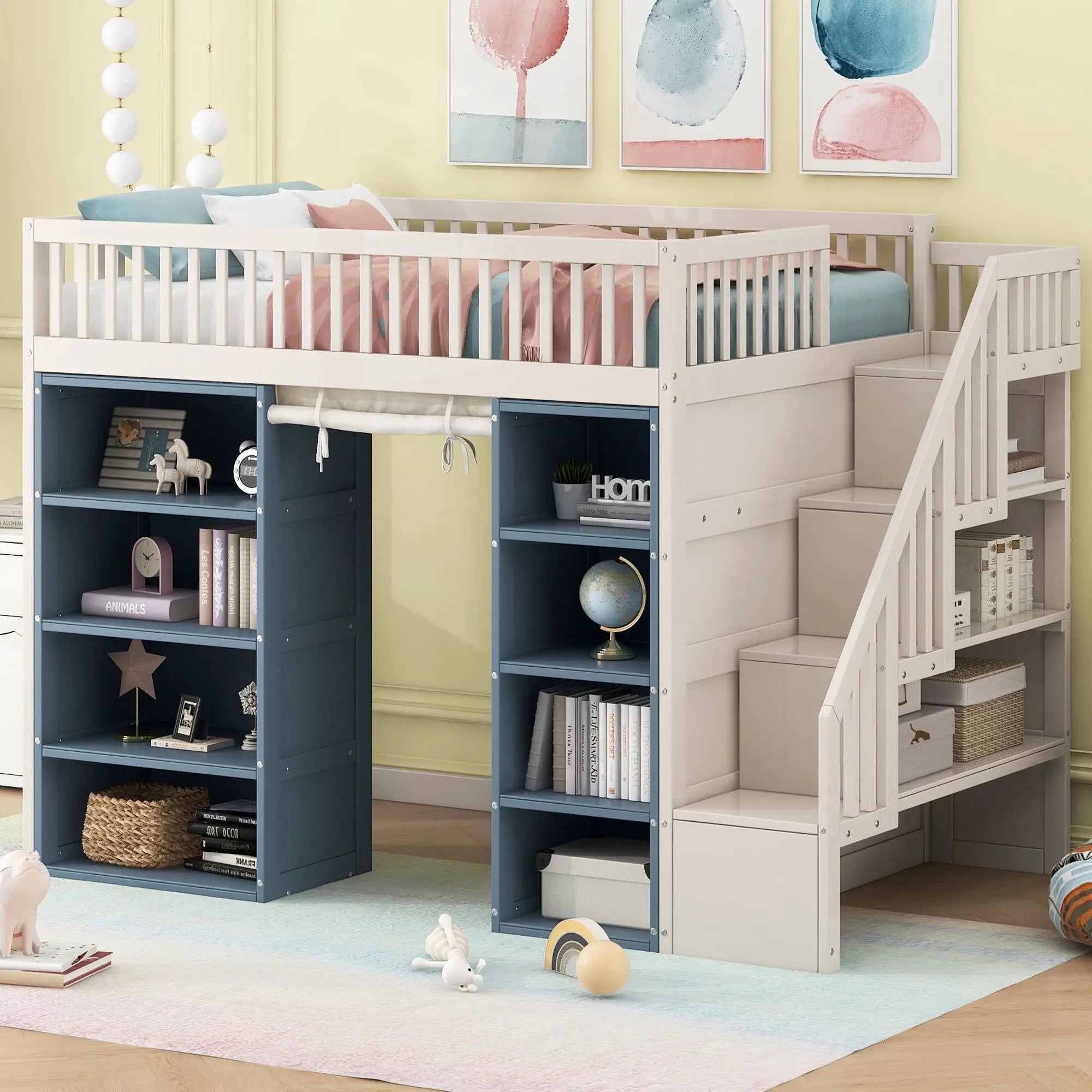 Full Size Loft Bed With 2 Four Layer Storage Cabinets And Curtain With Built In Staircase And Privacy Curtain - White by HouseOfZazla