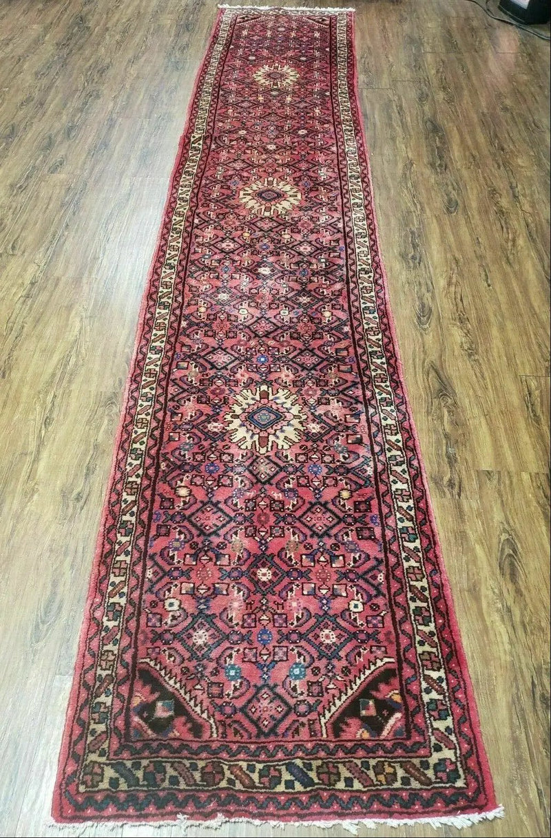 Persian Hamadan Runner Rug 2.8 x 14, Red, Vintage Handmade Wool Runner Rug by Jewel Rugs
