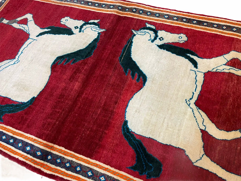 3.5 X 6 Handmade Hand-Knotted New Vintage Rug Quality Wool White Horses Red by Jewel Rugs