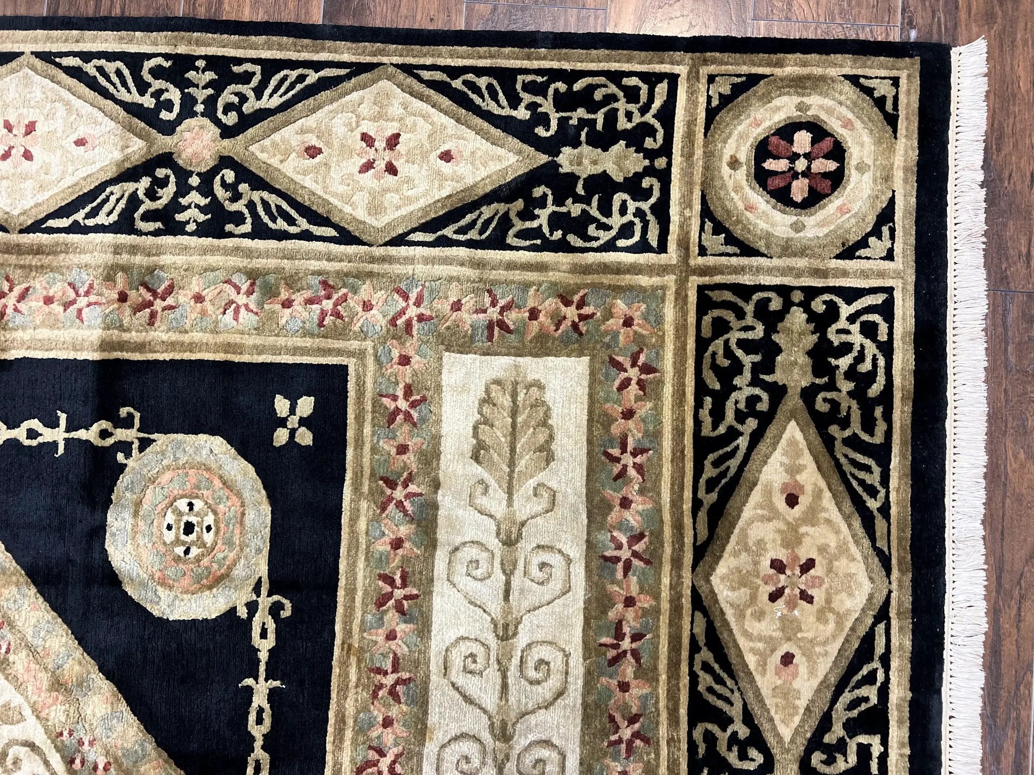 Tibetan Rug 8x10, Nepali Area Rug, Soft New Zealand Wool Carpet 8 x 10 ft, Black Tan Beige, Vintage Handmade Rug, French Aubusson Pattern by Jewel Rugs