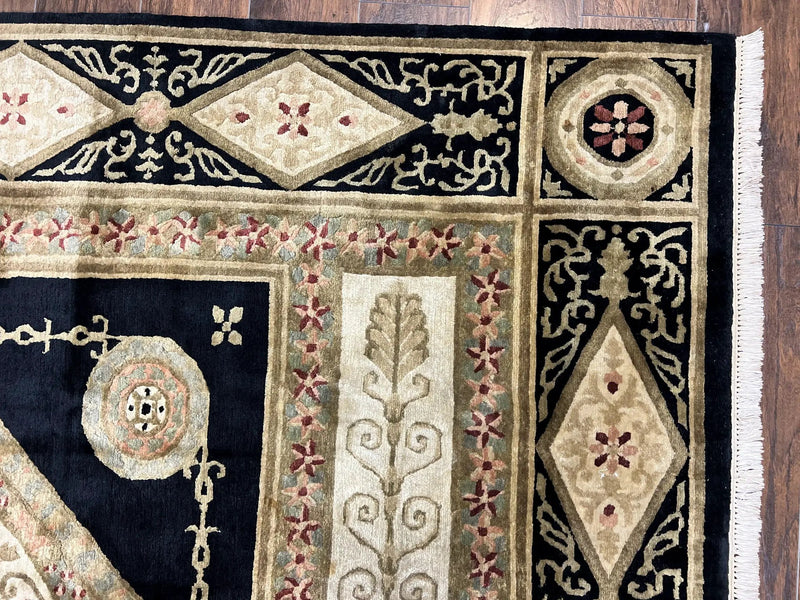 Tibetan Rug 8x10, Nepali Area Rug, Soft New Zealand Wool Carpet 8 x 10 ft, Black Tan Beige, Vintage Handmade Rug, French Aubusson Pattern by Jewel Rugs