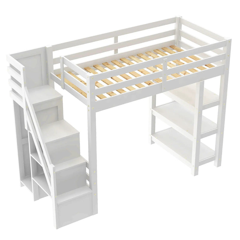 Loft Bed With 4 Layer Shelves, Storage Staircase, Small Wardrobe And LED Light