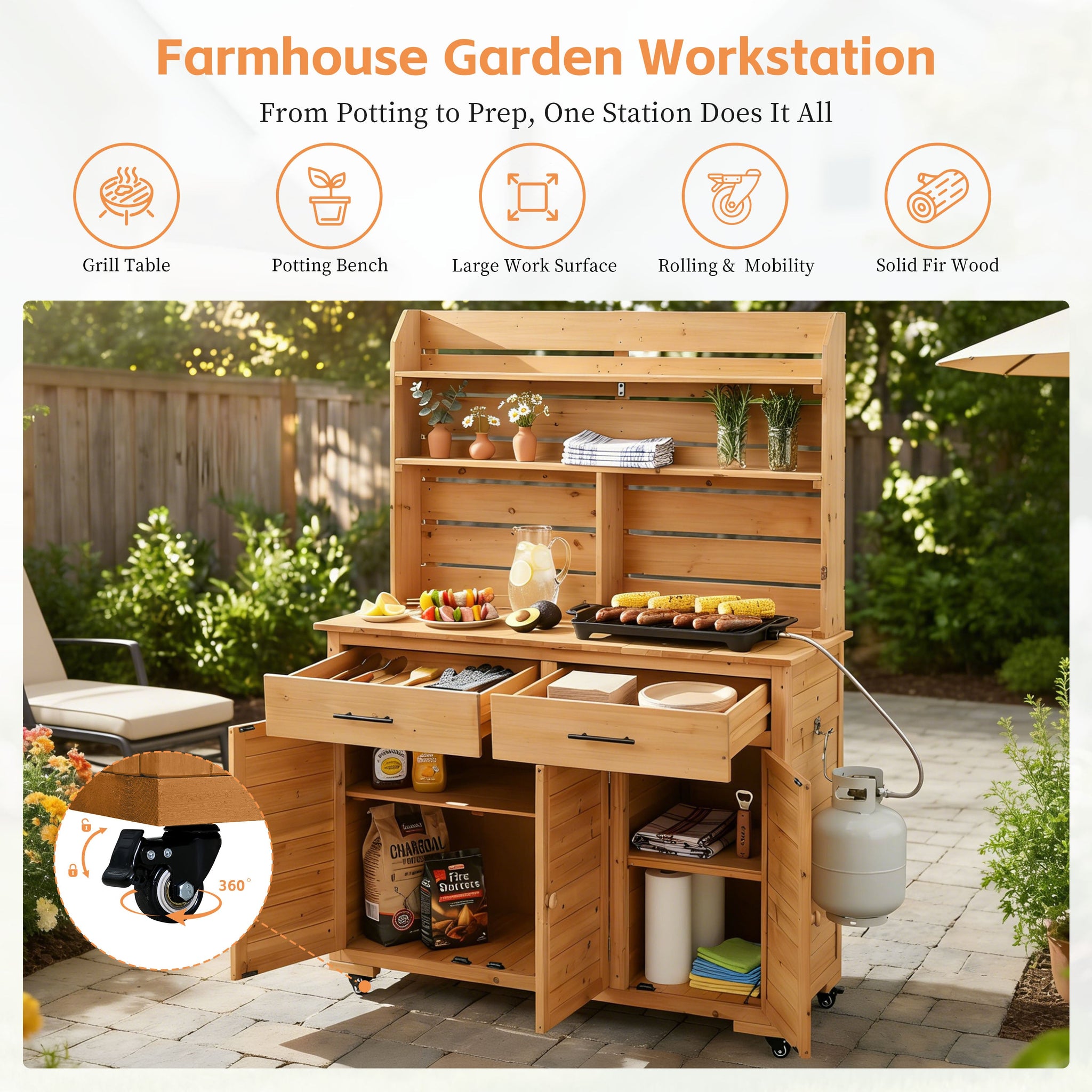 TOPMAX 65''H Large Garden Potting Bench with Lockable Wheels and Storage Cabinet by HouseOfZazla
